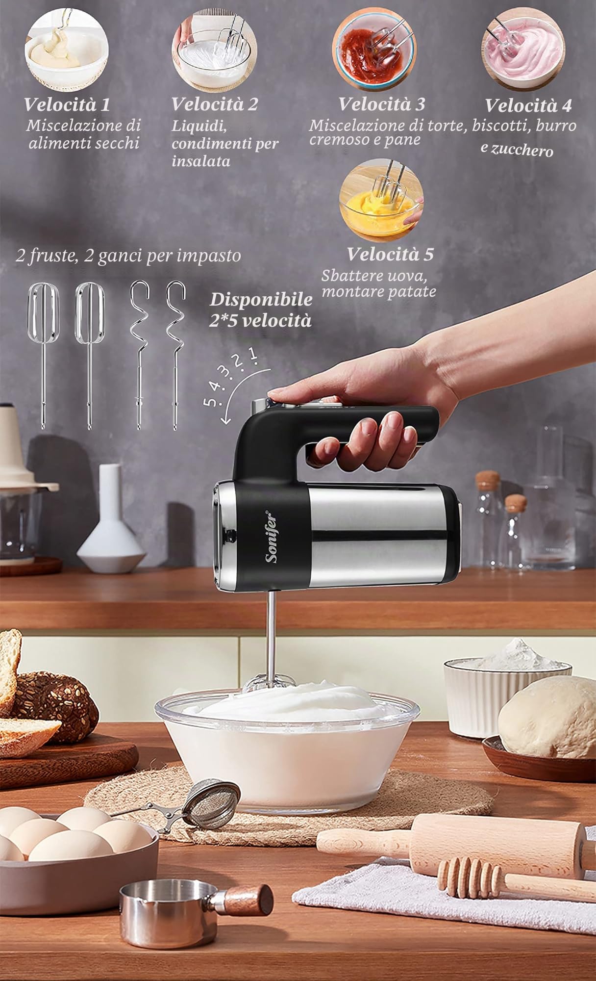 Sonifer Frullatore a mano in acciaio inox, 500 W, miscelatore elettrico, 5 livelli più turbo, design pulsante di espulsione, lavabile in lavastoviglie, 2 ganci, 2 fruste, 1 base