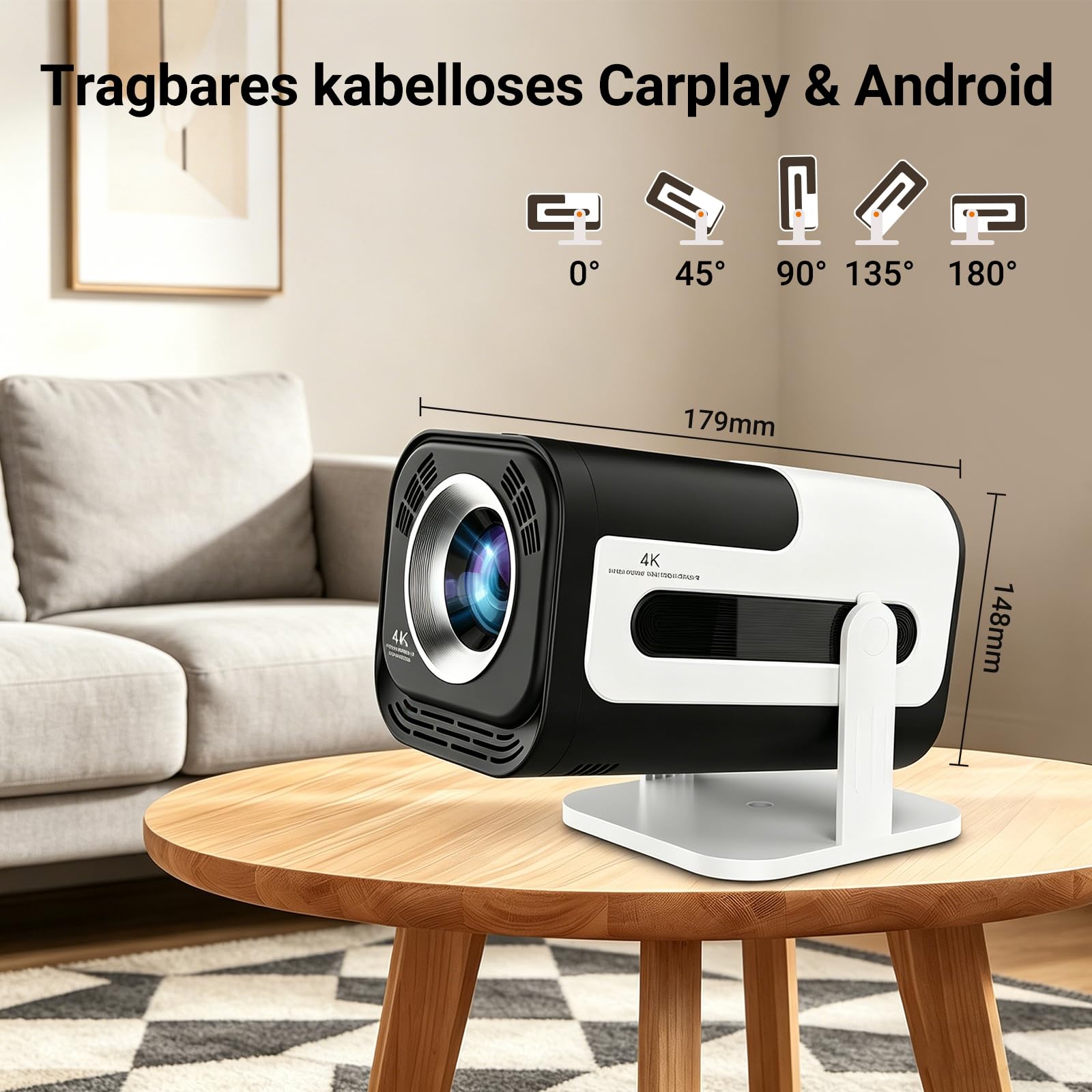 Mini Beamer Unterstützt 4K 1080P, Smart Tragbarer Projector WiFi 6 BT 5, Mini Projektor Automatische Trapezialkorrektur,180° Drehung Beamer Heimkino Outdoor für HDMI/Android/iOS/Laptop/Handy