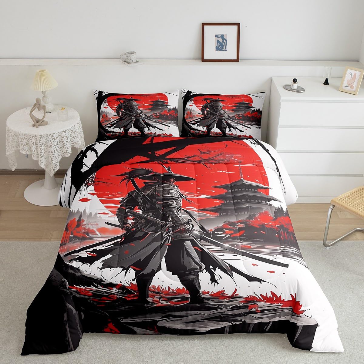 Feelyou Japanese Comforter Set Twin Size Samurai Comforter for Boys Girls Teens Sunset Bedding Set Traditional Retro Theme Duvet Set Room Decor Black