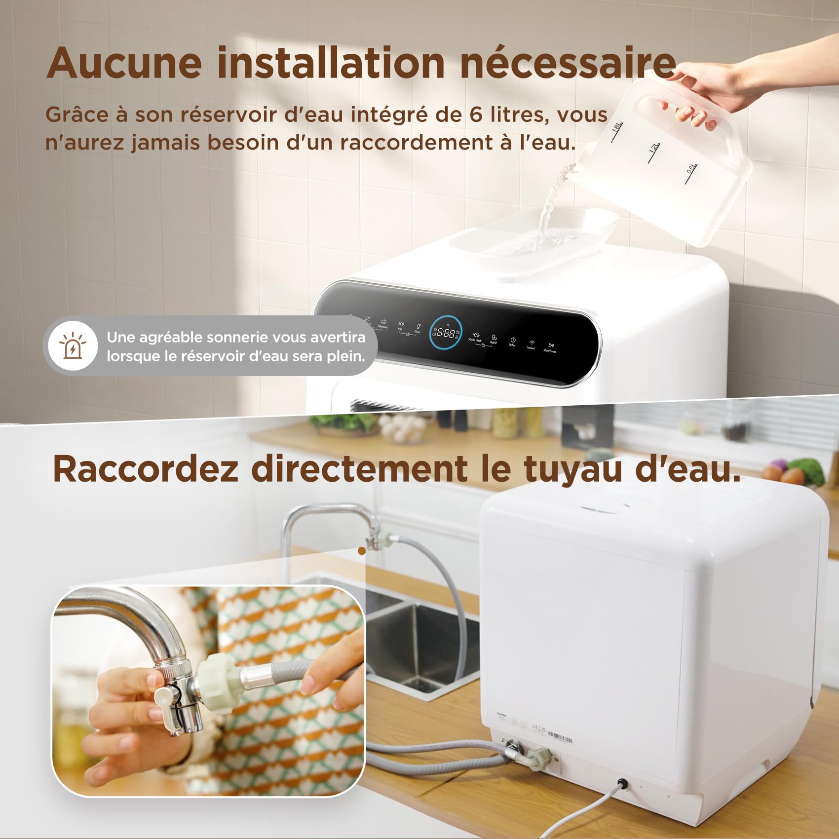 COMFEE' MFD42S110W-IT Mini Lave-vaisselle de Table Compact, 3 Couverts, 7 Programmes, Commande Tactile, Écran LED, 72°C Lavage Hygiénique, 24h Démarrage Différé, Ouverture Automatique, blanc