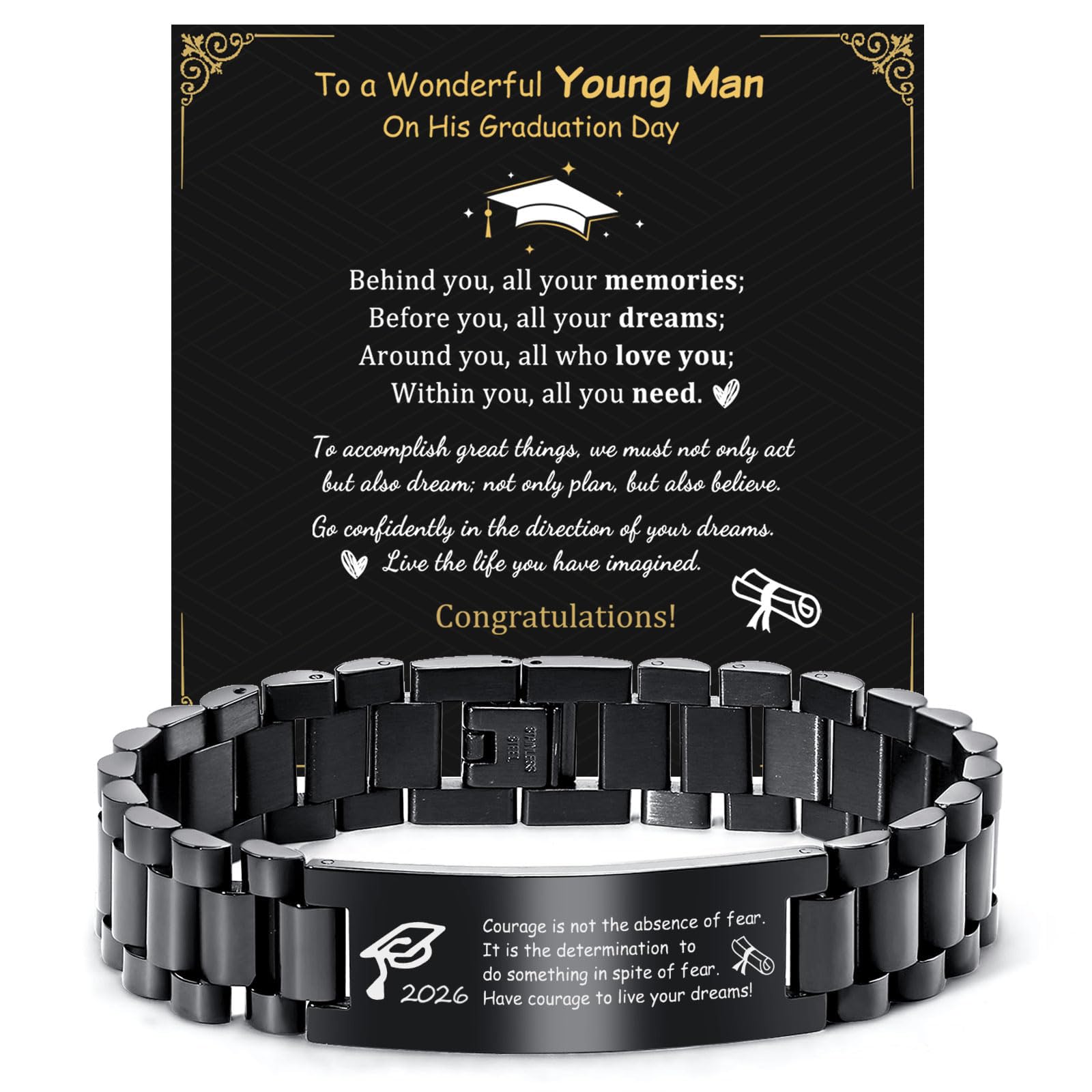 MEALGUET Graduation Gifts for him,Customizable Graduation Bracelet, Inspirational College Graduate Class Of 2026 Gift, Stainless Steel Handsome Link