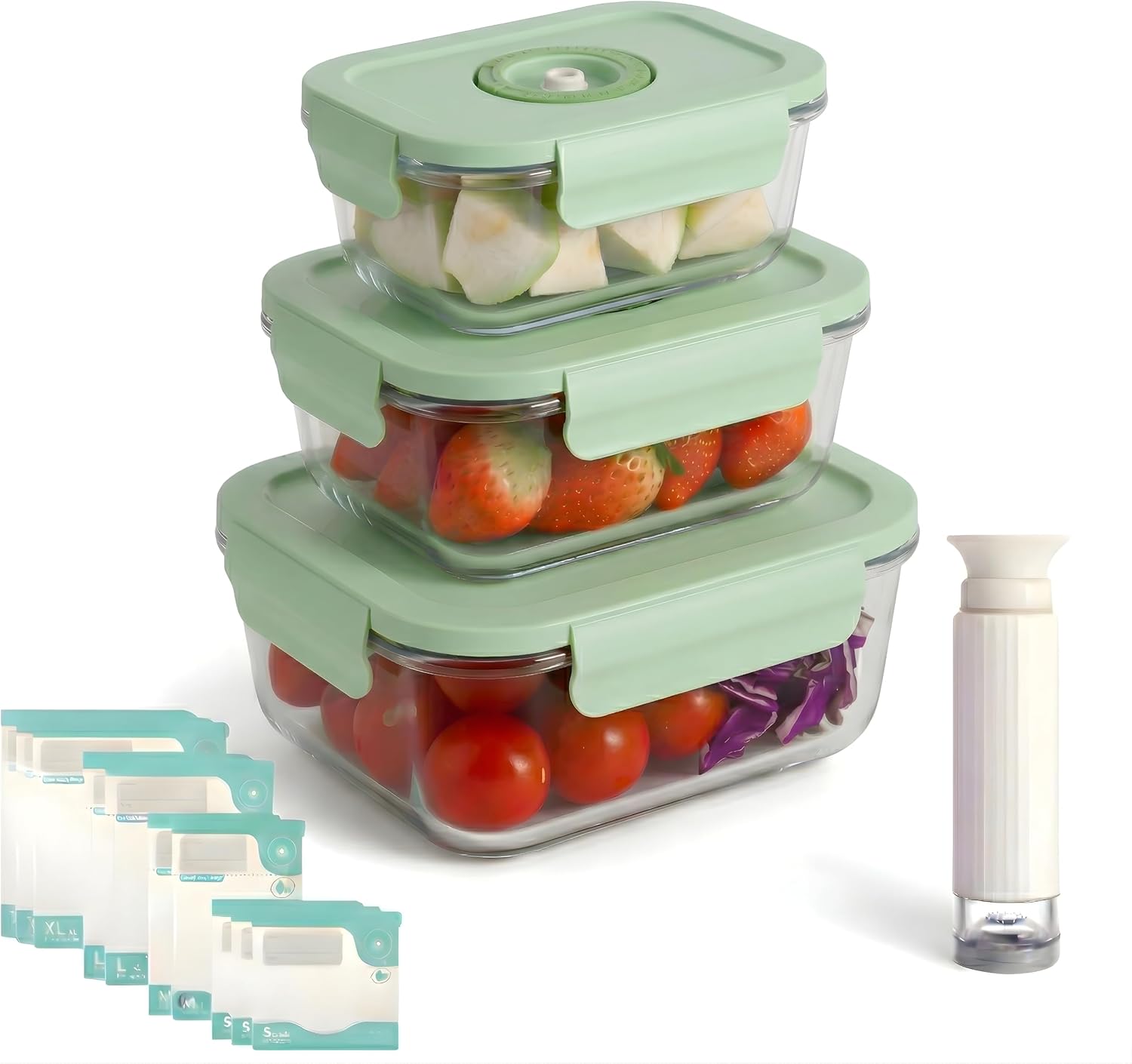 Glass Vacuum Sealable Container Set, 3 Rectangular Containers, 10 Bags, Hand Pump