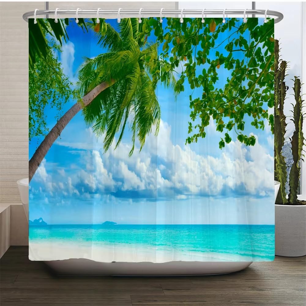 Duschvorhang 240 x 200 mit Meeresstrand,Badezimmervorhang mit Sand und Kokosnussbaum,Badezimmerdekor Set aus Polyestergewebe mit Haken,Wasserdichte Badevorhänge,Grünblau,B240xH200 cm (1er Pack)