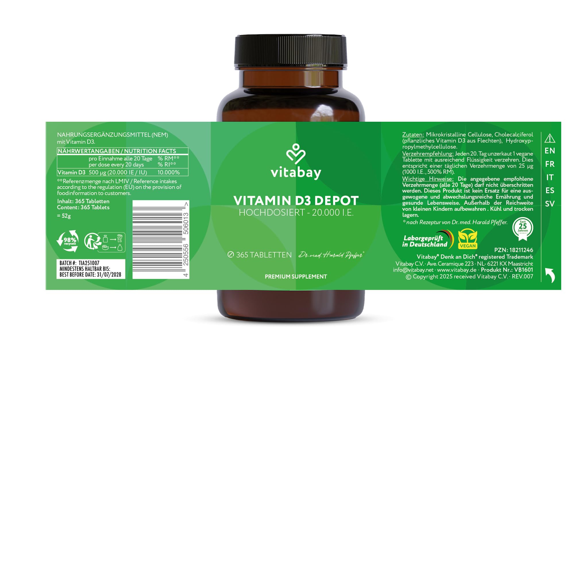 Vitabay Vitamin D3 Depot 20.000 I.E. – 1095 vegane Tabletten | hochdosiert & vegan – ohne Zusatzstoffe – laborgeprüft – Vorrat für sehr lange Zeit