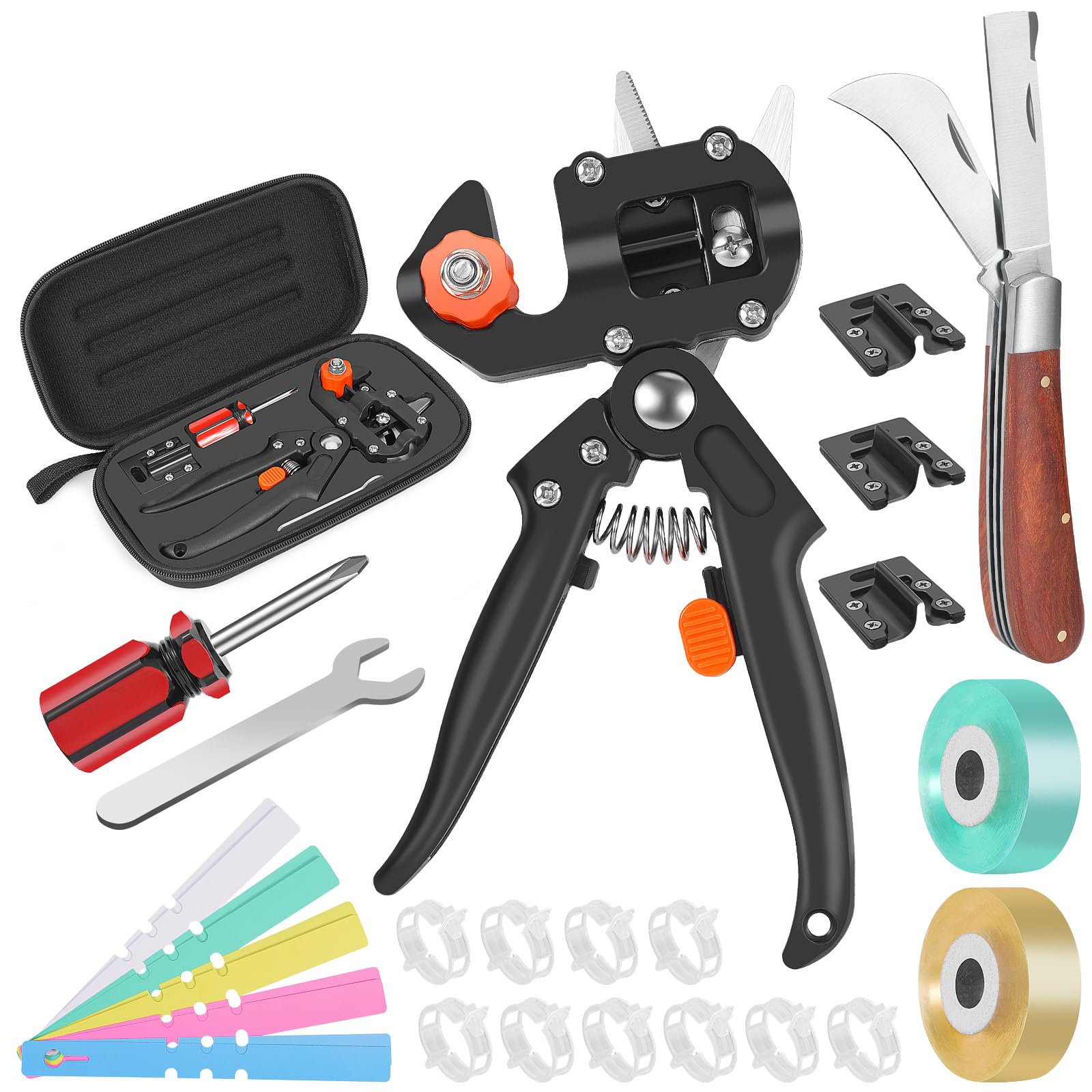 FUJIWARA 2-in-1 Garden Grafting Tool, Multifunctional Pruning Scissors Kit, U/V/Omega-Graft Seedling for Fruit Tree Grafting Set,Including 2X Tapes, Plant Tags,Grafting Knife & Replacement Blades