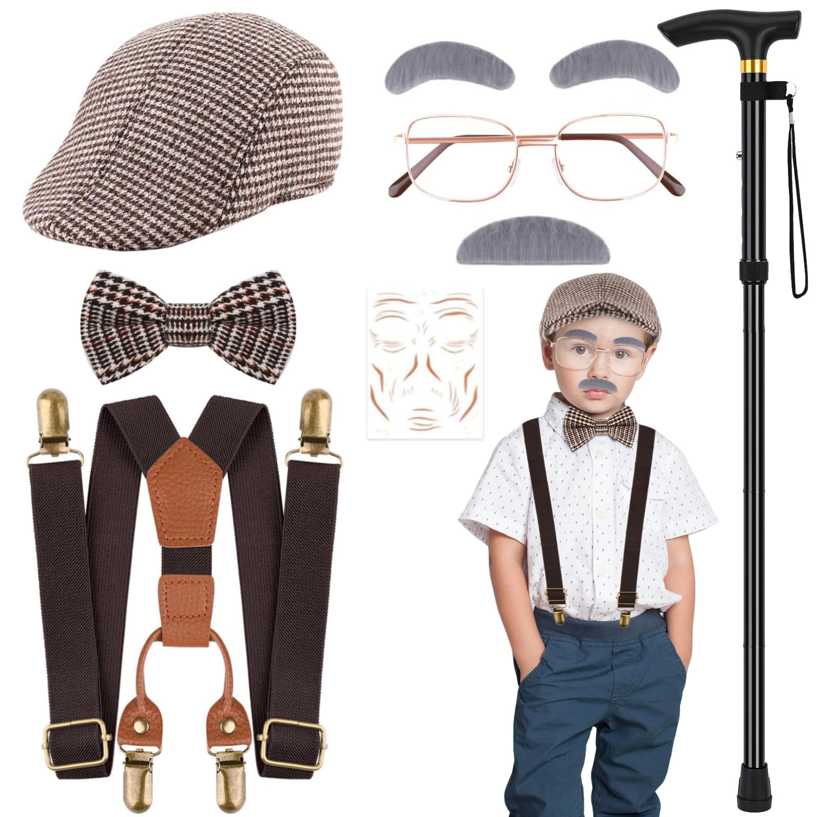8 Pcs 100 Days of School Costume for Boys Old Man Costume Set for Kids 100th of School