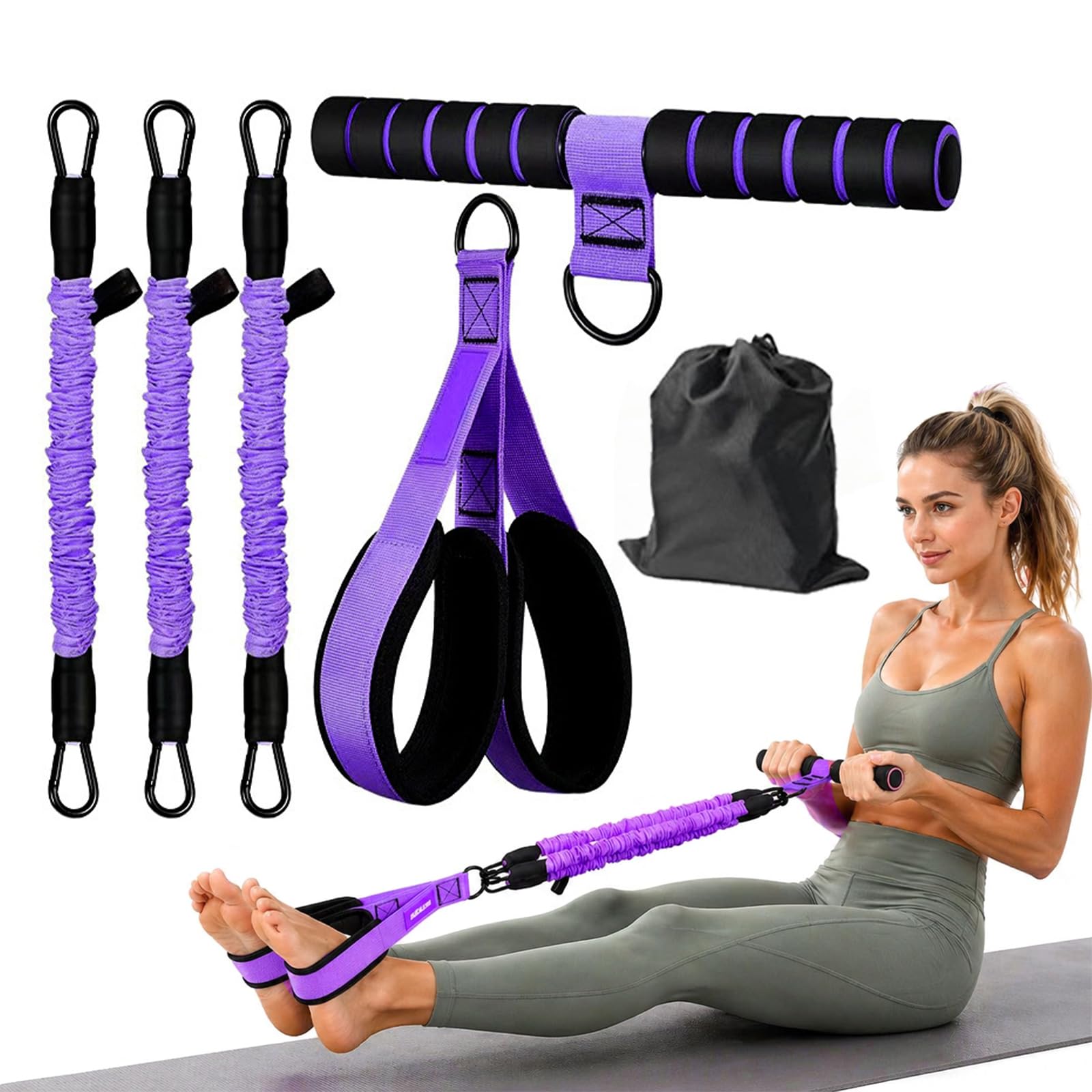 Multifunction Pedal Resistance Band with Handle,3 Tube Adjustable Resistance Bands,Sit-Up Training Equipment,Resistance Bands with Handle for Fitness, Weight Loss, Training, Yoga (purple)