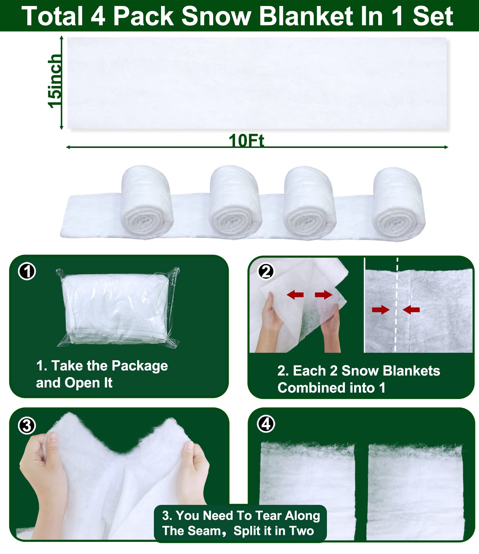 TURNMEON Lot de 4 rouleaux de couverture de neige artificielle douce et moelleuse de 3 x 38 cm pour décoration d'hiver enneigée, arbre de Noël, maison, intérieur et vacances