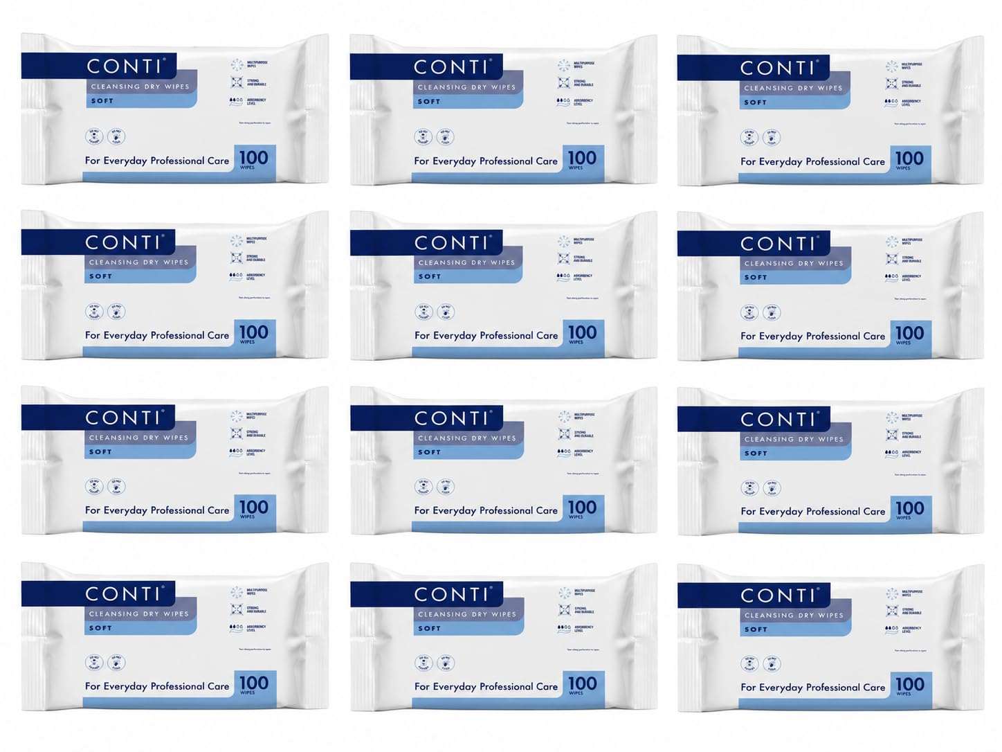 Conti Soft - Patient Cleansing Dry Wipes, Everyday Cleaning, Ideal for Sensitive Fragile Skin, Wipe Size 32cm x 30cm, 100 Wipes Per Pack - 12 Pack