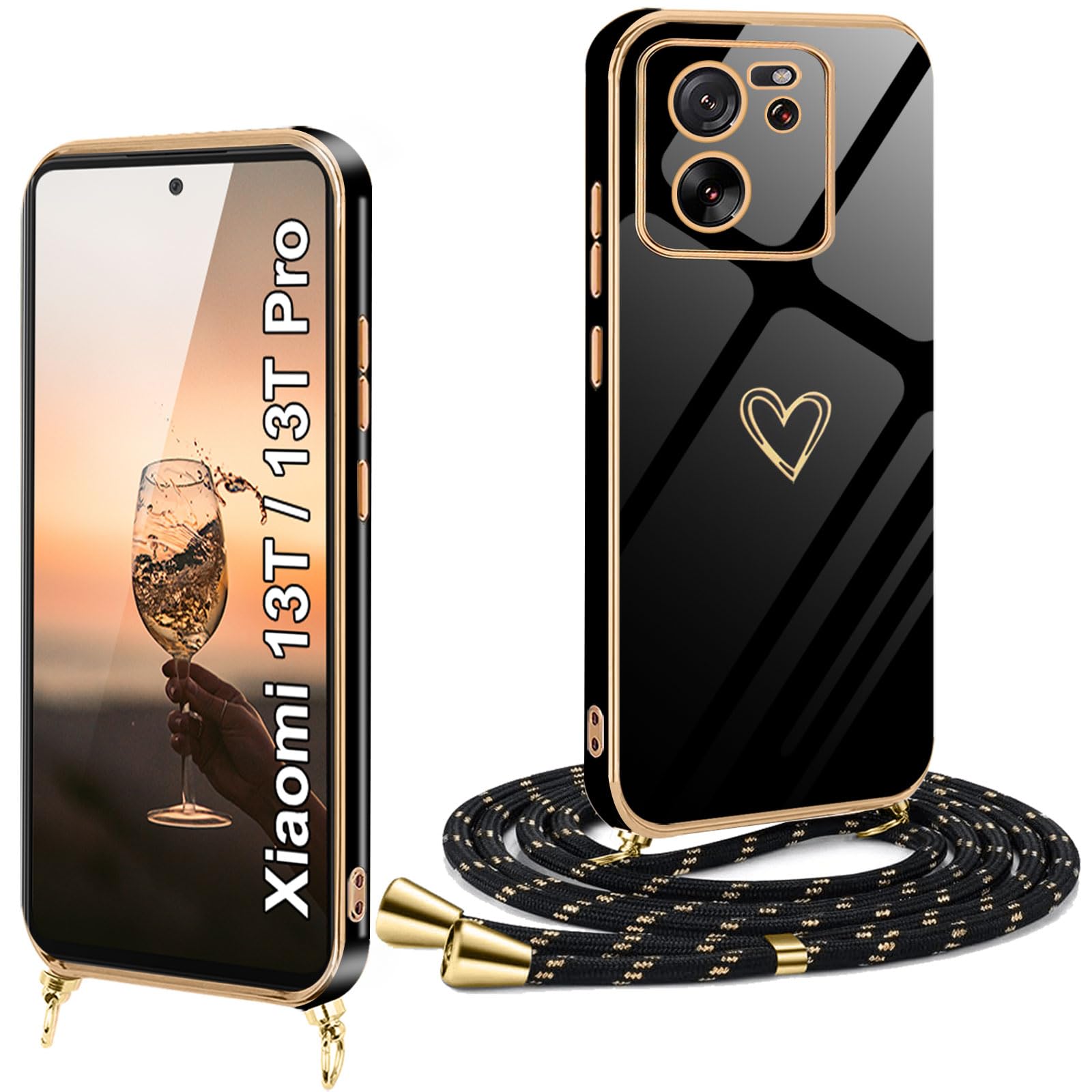 Coque Pour Xiaomi Redmi 13C 5G Avec Cordon Collier Réglable - Housse TPU Motif Coeur Amour, Or Noir, Lanyard Case Téléphone