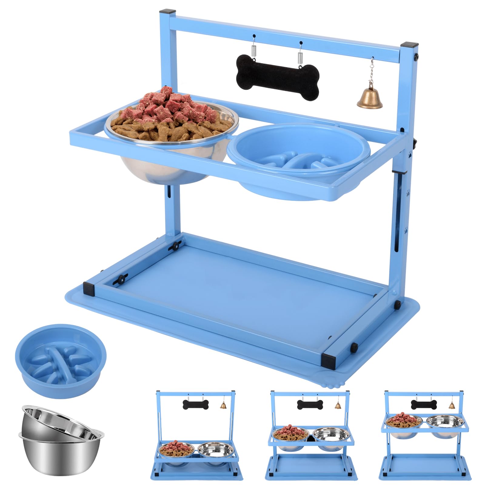SHAINFUN Soporte Elevado Azul para Perros con Dos Cuencos de Acero Inoxidable de 1700 ml, un comedero Lento y tapete a Prueba de derrames, Cuencos elevados Ajustables para Razas Grandes, Medianas y