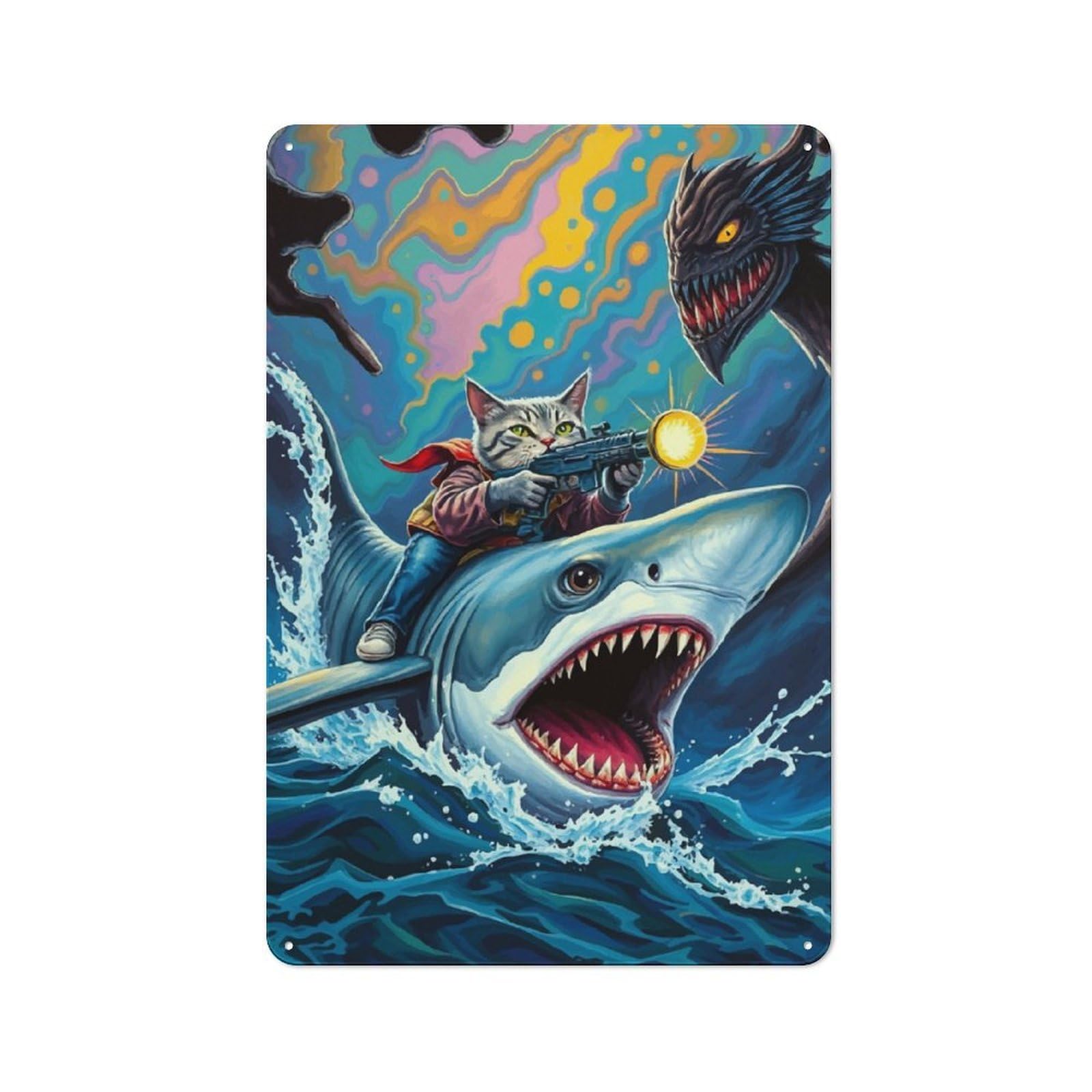 Junmoney Cat With Guns Riding Shark Metal Wall Sign 30X20cm Featuring For Workshop Wall, Suited To Metal Sign Collectors