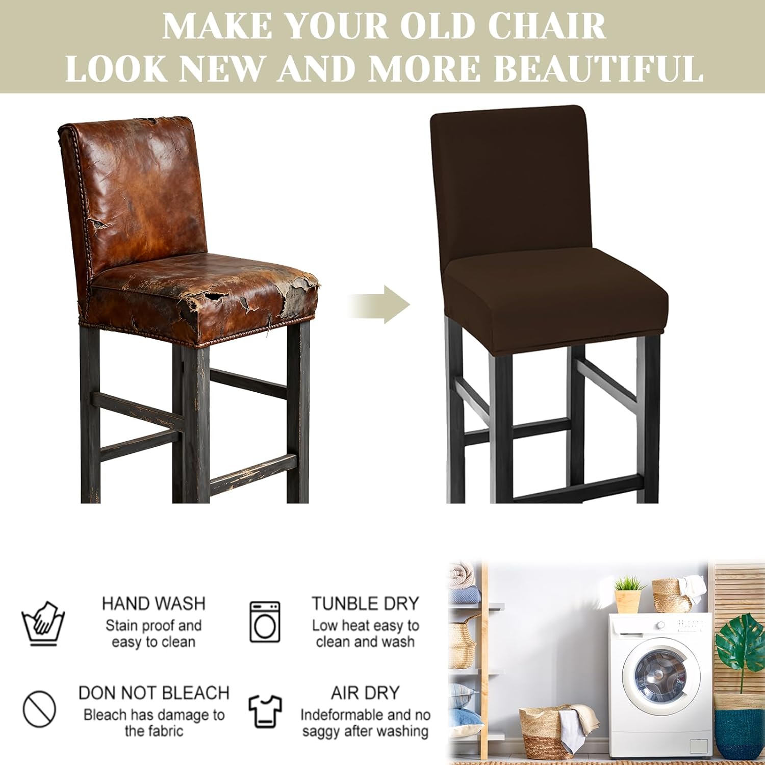 Bar Stool Covers Set of 4, Waterproof Barstool Seat Covers Stretch Counter Height Chair Covers for Pub Tall Chair with Backs, Bar Chair Covers for Kitchen Dining Room Cafe, Dark Coffee