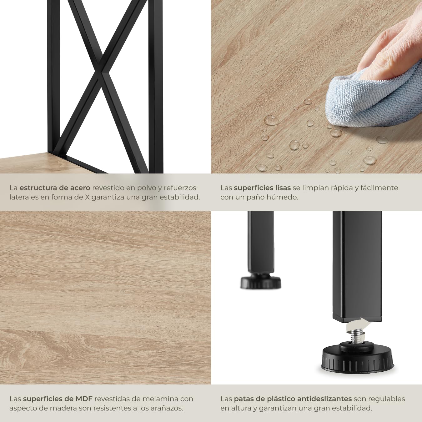 tectake® Mesa Auxiliar Salon Estilo Industrial con 2 Estantes y Pies Ajustables, Mesitas de Noche, Decoracion Hogar, Muebles, Oficina - 40,5 x 40,5 x 52,2 cm Madera Industrial Clara, Roble Sonoma