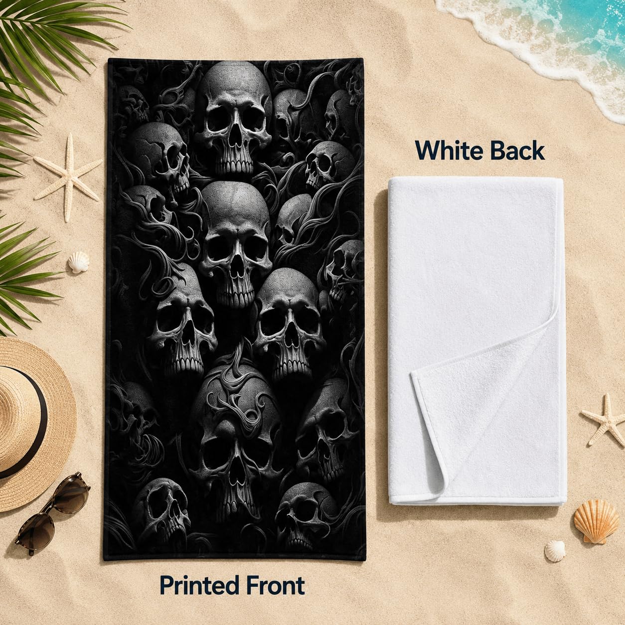 Telo Mare Microfibra Teschi Sovrapposti Asciugatura Rapida | Asciugamano da Spiaggia Veni In Sottoprint, 145x200 cm, Assorbente, Accessori Mare, per Palestra Viaggio