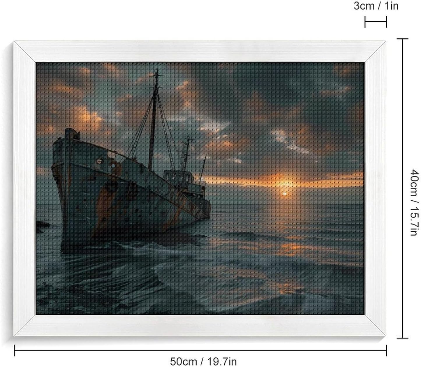 Shipwreck on The Ocean Beach at Sunset Printed Diamond 5D Painting Kits DIY Full Drill Crafts for Home Wall Decor 16x20 Inch White Wood 50 * 40cm
