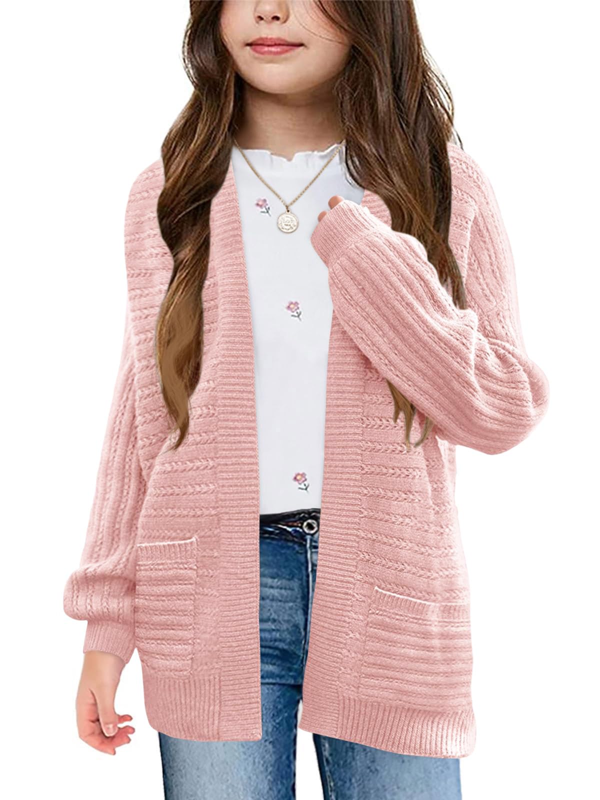 Haloumoning Cardigan per bambine e ragazze, aperto sul davanti, a maniche lunghe, lavorato a maglia, con tasche, 5-14 anni