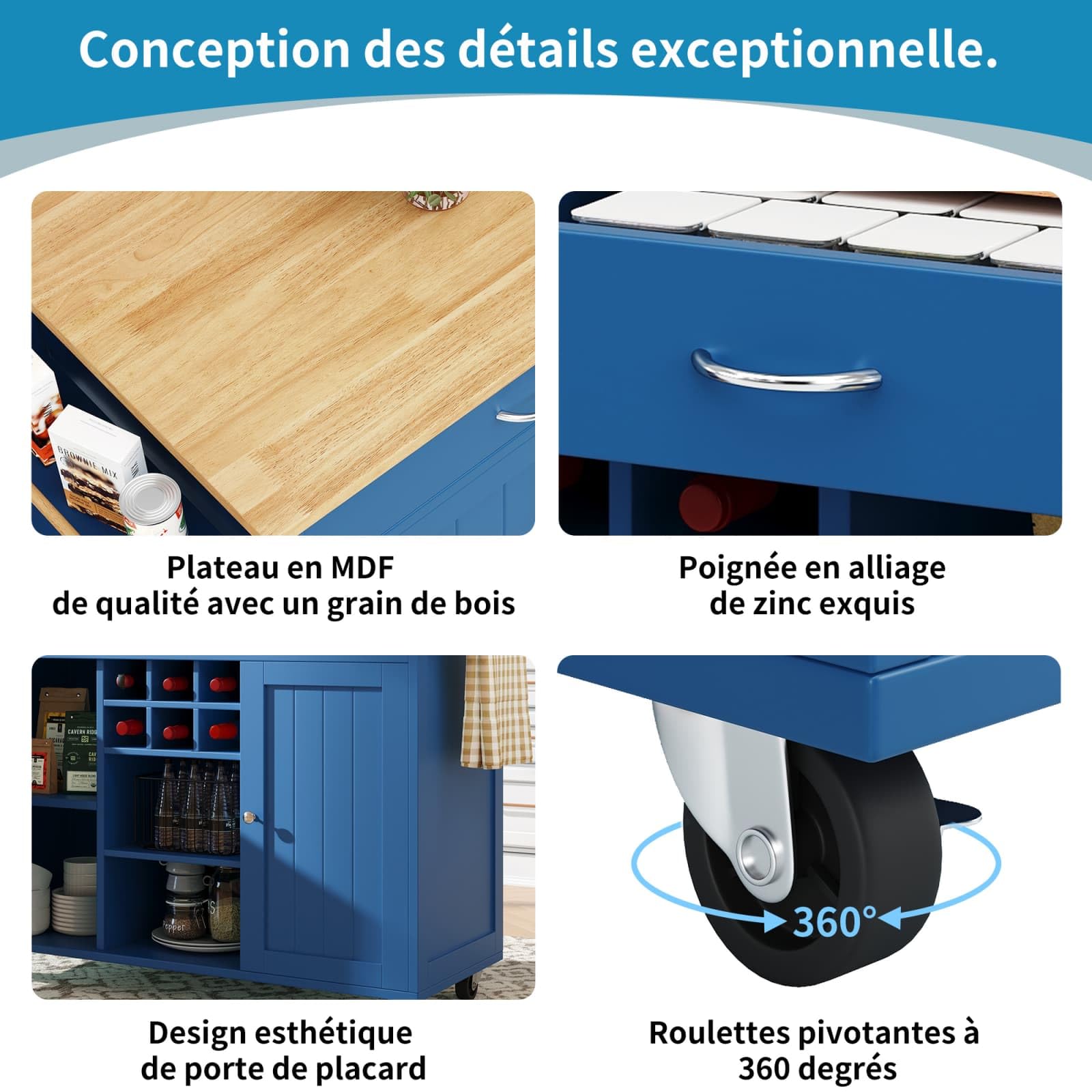 PUGSDRLY Desserte Cuisine avec roulettes,Buffet Cuisine de Rangement avec Un casier à vin,Chariot de Repas,2 Tiroirs et 2 Porte,Espace de Rangement Multifonctionnel (Bleu)