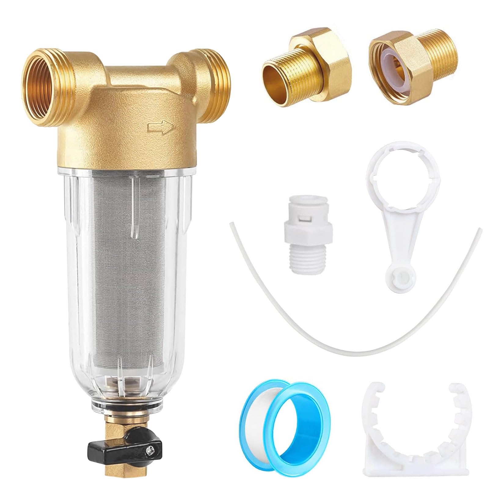 Wasserfilter Wiederverwendbare Filterkombination 1“&G3/4”MNPT+G3/4” Vorfilter Sedimentfilter Feinfilter Ausspülbarer Feinfilter mit Adapter Spin-down-Sedimentwasserfilter