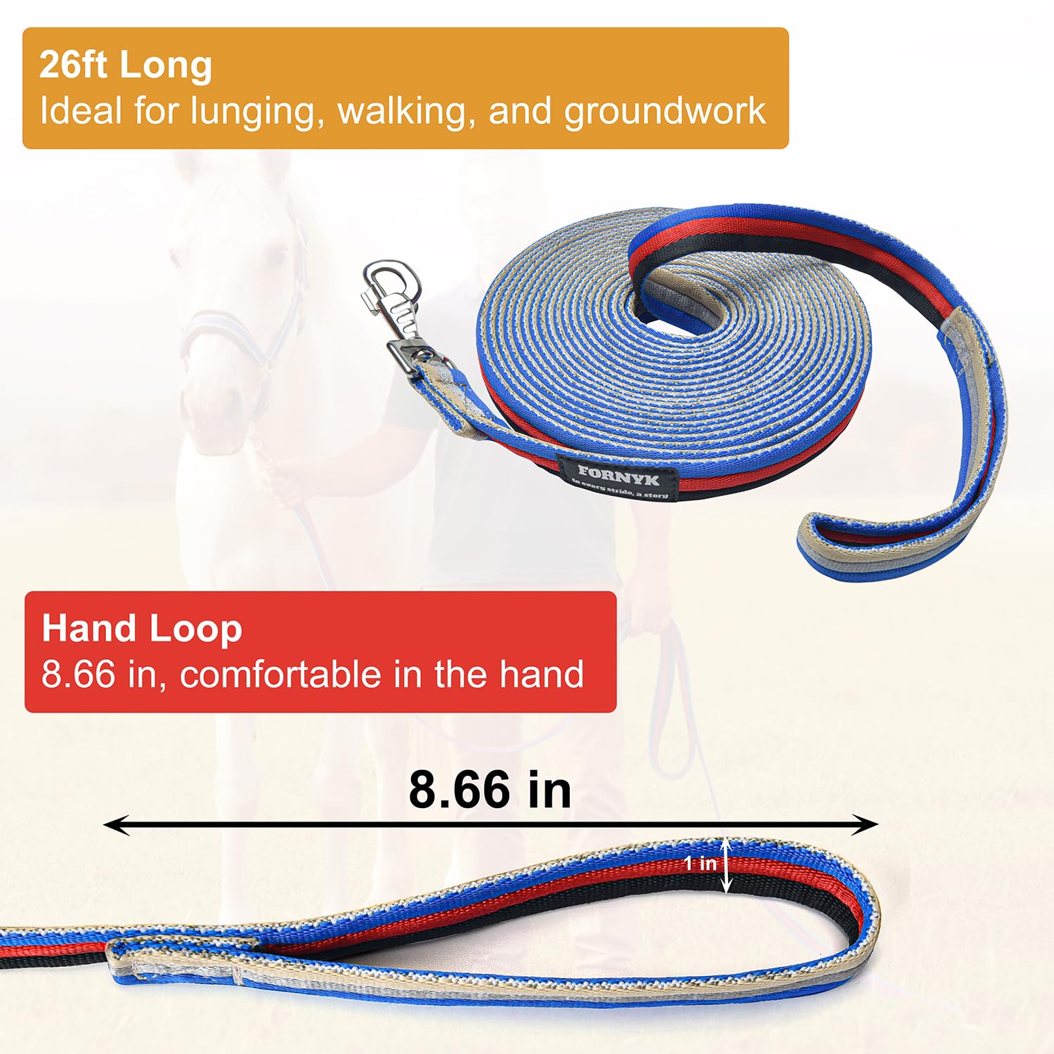 Línea de estocada para caballo, línea de estocada equina con hebilla giratoria de aleación de 360° para entrenamiento ecuestre preciso, competición y uso diario, 26 pies (azul-rojo-negro)