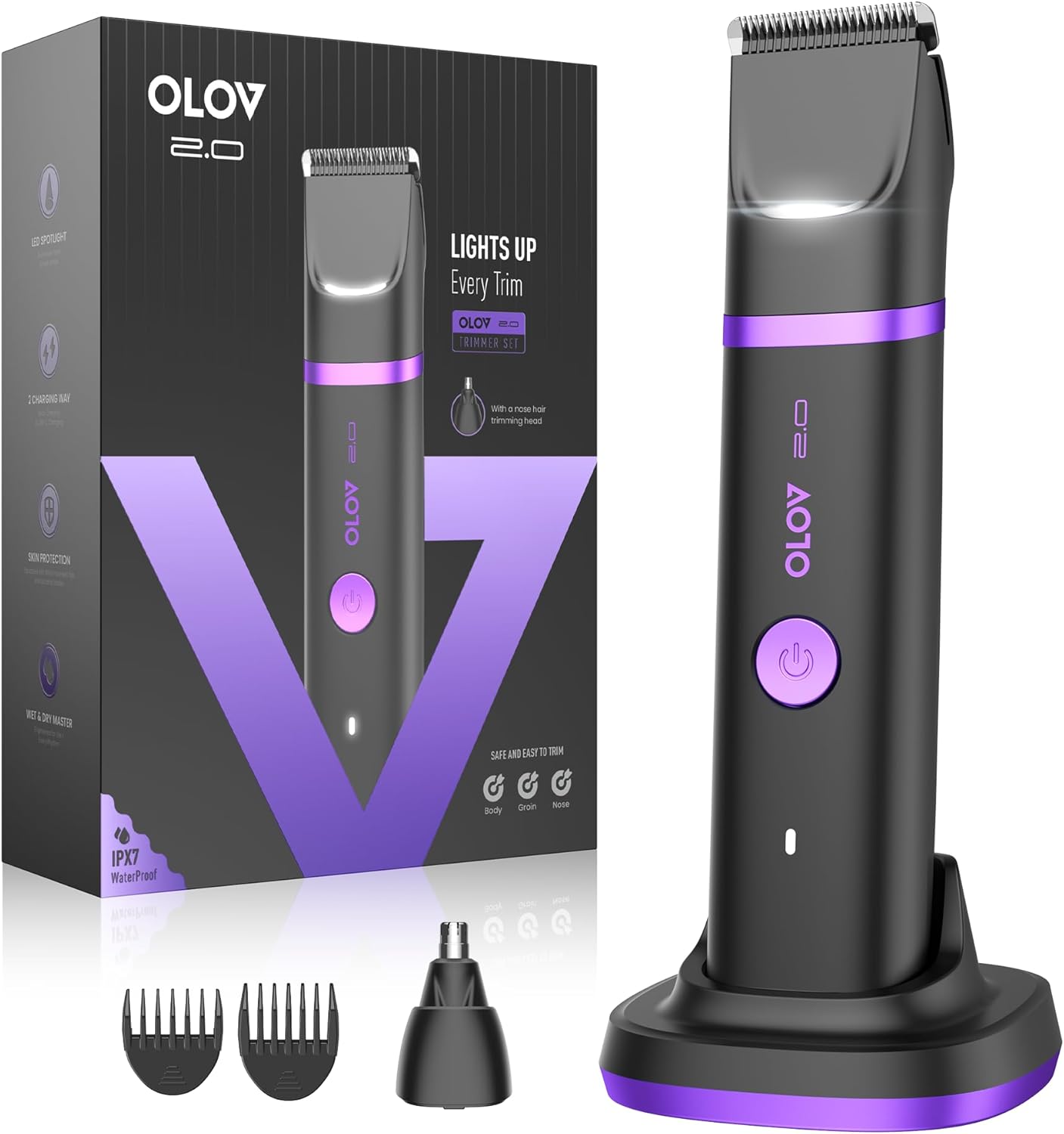 Groin & Body Hair Trimmer for Men - Electric Shaver for Pubic Hair, Chest, Legs - Ball Pubic Groomer, LED Light, Replaceable Ceramic Blade Heads, USB-C Recharge Dock, Waterproof Hygiene Razor, Purple