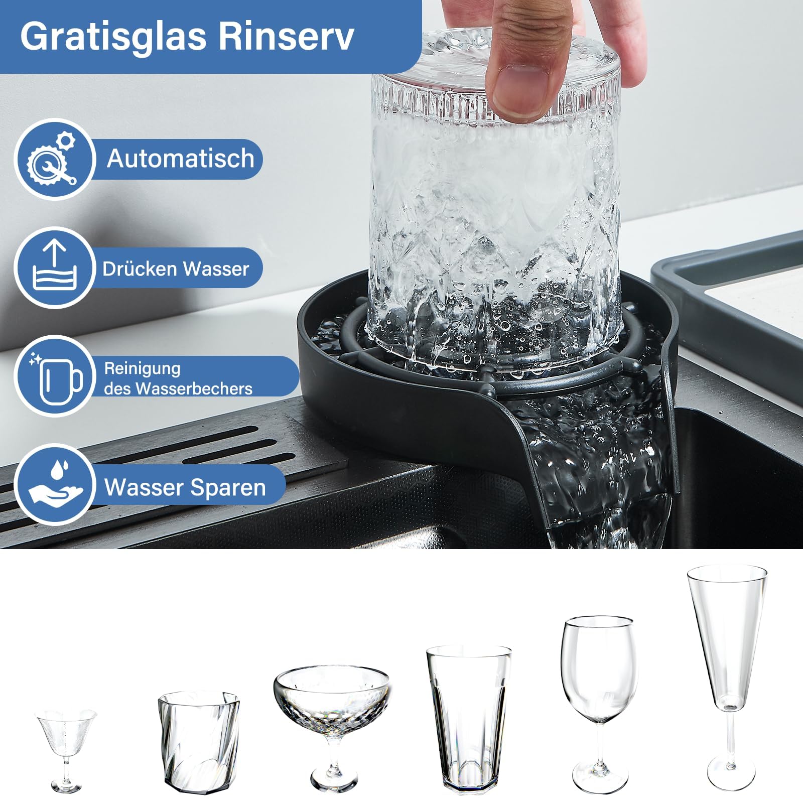 Lavello da cucina a cascata, nero, 75 x 45 cm, 1 vasca, in acciaio inox, rettangolare, troppopieno e scarico, multifunzionale, moderno lavello a cascata con rubinetto per acqua potabile