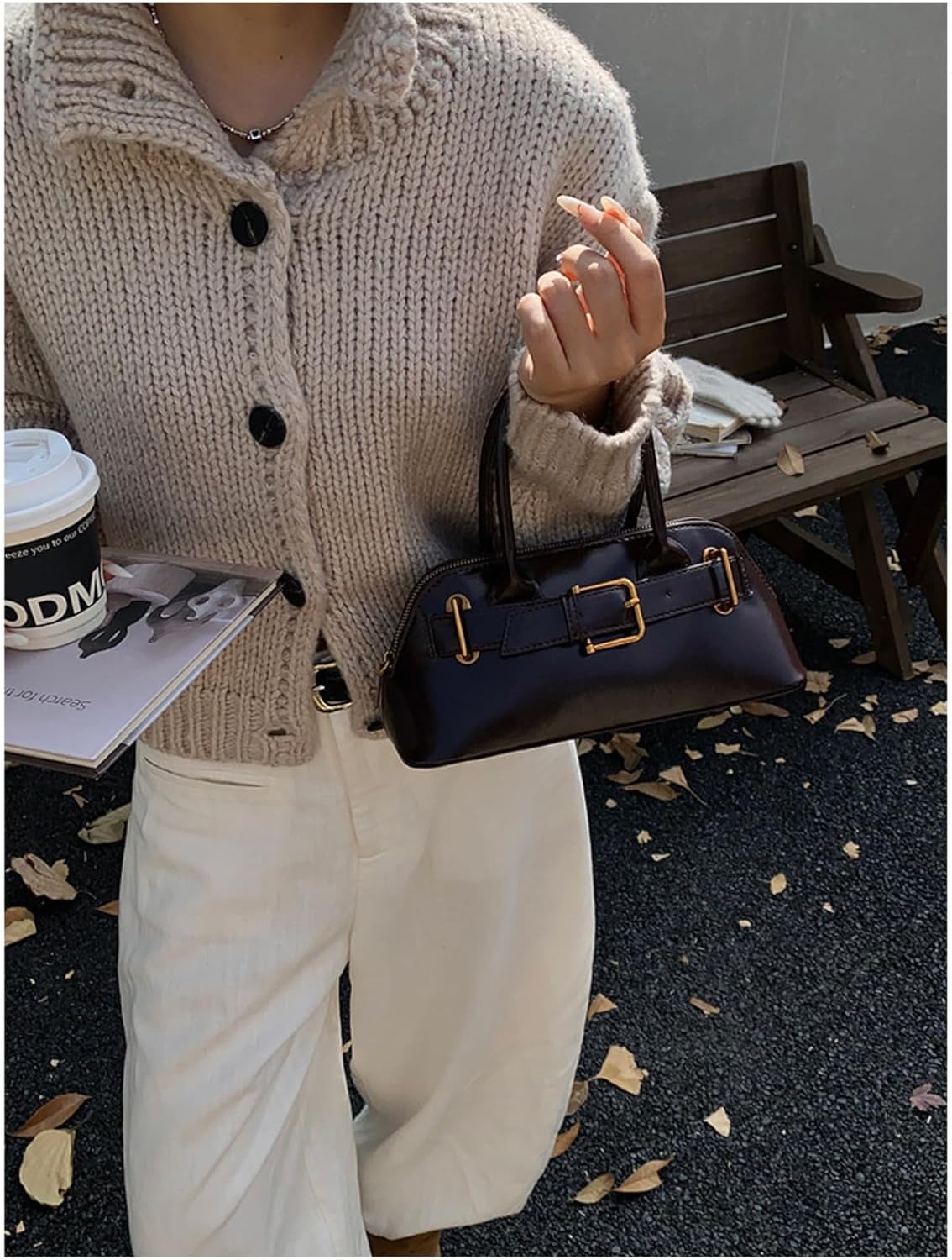 Women Suede Tote Bag Shell Leather Crossbody Shoulder Bag Minimalist Korean Style with Belt Buckle Design - Image 2