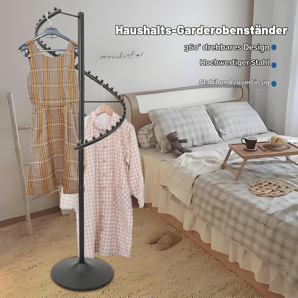 360° Drehbar Kleiderständer,180cm Spiral-Kleiderständer Freistehender Kleiderstange Metall Standkleiderstände, Multifunktional Garderobenständer für Schlafzimmer, Wohnzimmer, Geschäfte, Schwarz
