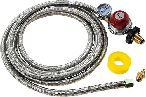 Regulador de propano ajustable de alta presión de 12 pies 0-30PSI con manómetro, manguera trenzada de acero inoxidable con indicador de flujo de gas