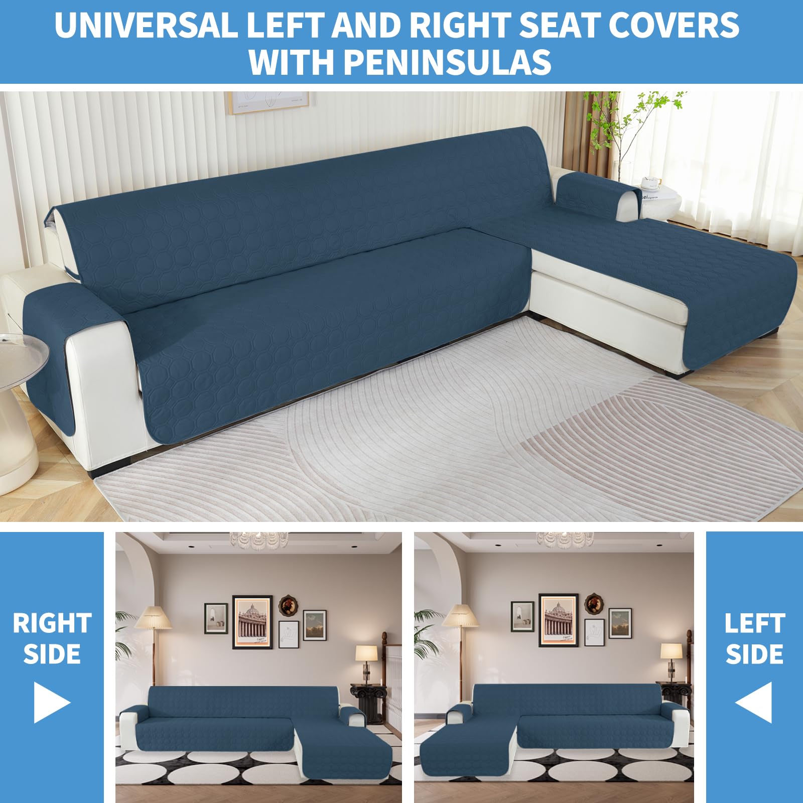 Ystyle Copridivano Impermeabile con Penisola 3 Posti (L 255 CM), Copridivano Angolare Destra/Sinistra Universale Reversibile, Copridivano Chaise longue Antigraffio Antimacchia, Blu Berlino