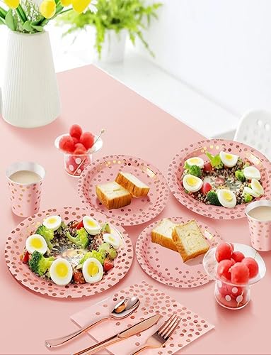 Miniatura 4 de Nkaiso 141 piezas de suministros de fiesta de oro rosa y rosa, los juegos de vajilla de fiesta incluyen platos de papel, servilletas, tazas y