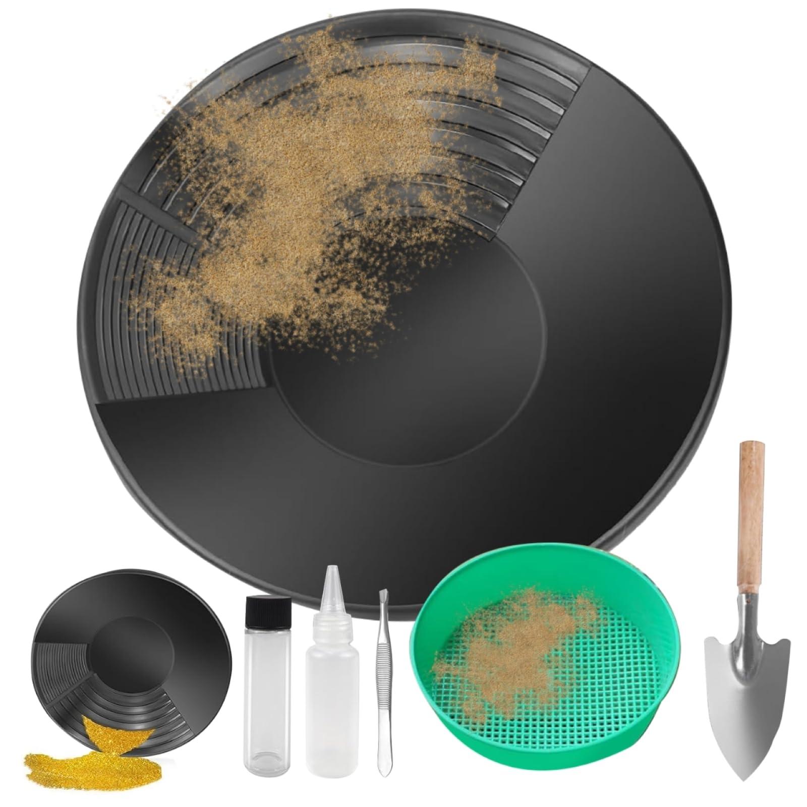 Generico Gold Pan Kit, Ricerca Oro Kit, Set da 6 Pezzi, Setaccio per Oro 38,5 cm, Kit per Ricerca Oro Fiume, Ricerca Oro Strumenti Adatto per Torrenti, Montagne, Minerari