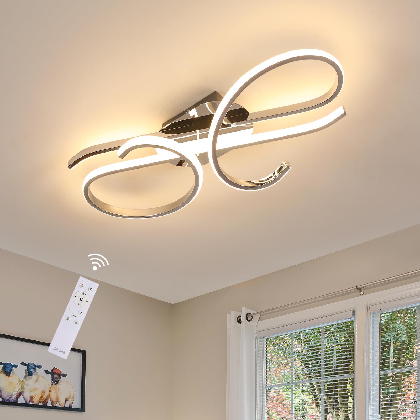 DELIPOP Plafoniera LED Soffitto Dimmerabile, 30W Lampadario Soffitto Moderno con Telecomando 3000K-6500K, Cromato Plafoniera Design Curvo Musicale per Camera da Letto, Soggiorno, Ingresso & Hotel