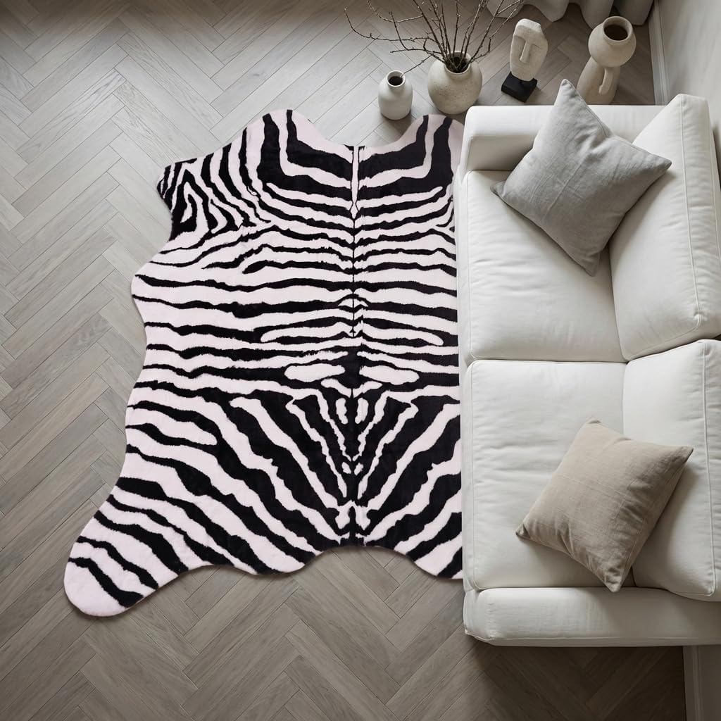 Zebra Print Rug, Faux Fur Area Rug for Living Room, Black White Animal Print Bedroom Carpet, Bohemian Safari Decor, Non-Slip，4'7" x 5'3" (140x160cm)
