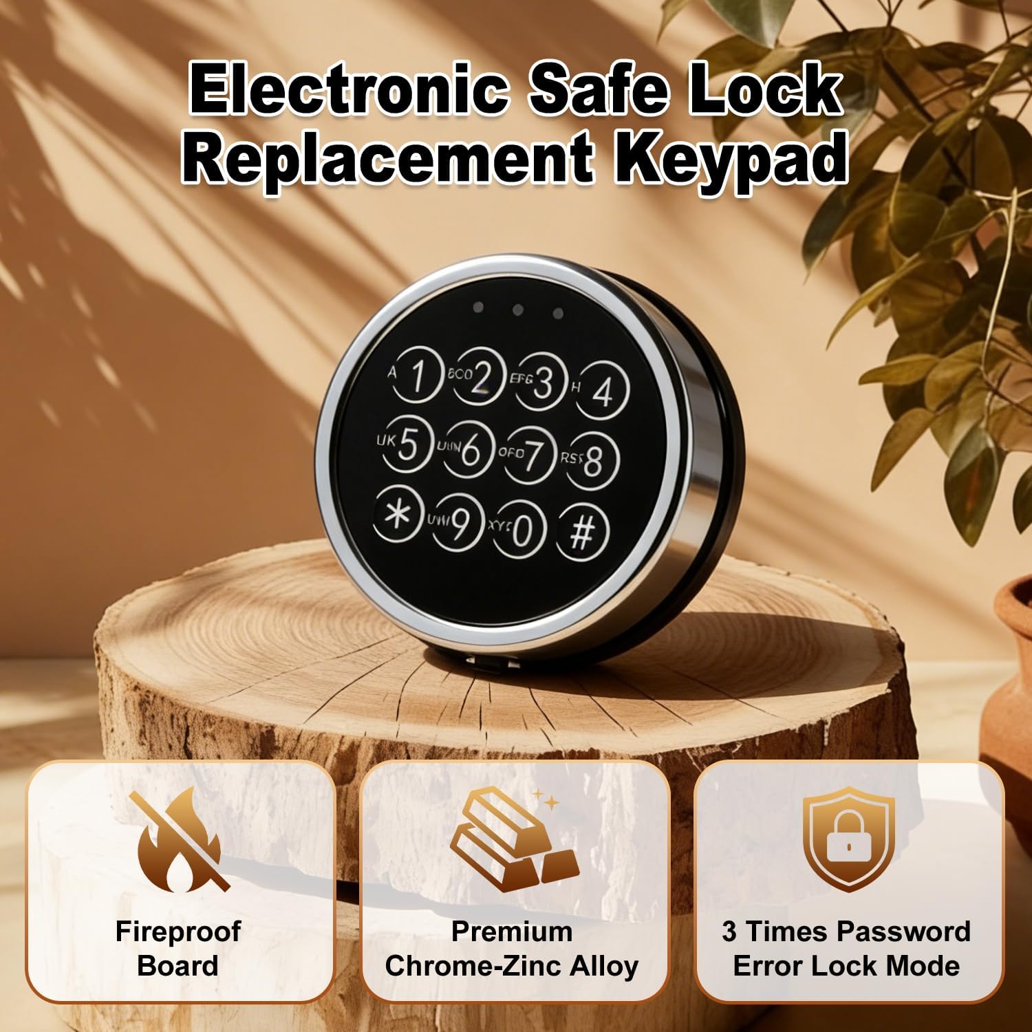 Chrome Keypad Electronic Gun Safe Lock Replacement, Stack on Safe Lock with Solenoid Lock, 2 Override Keys