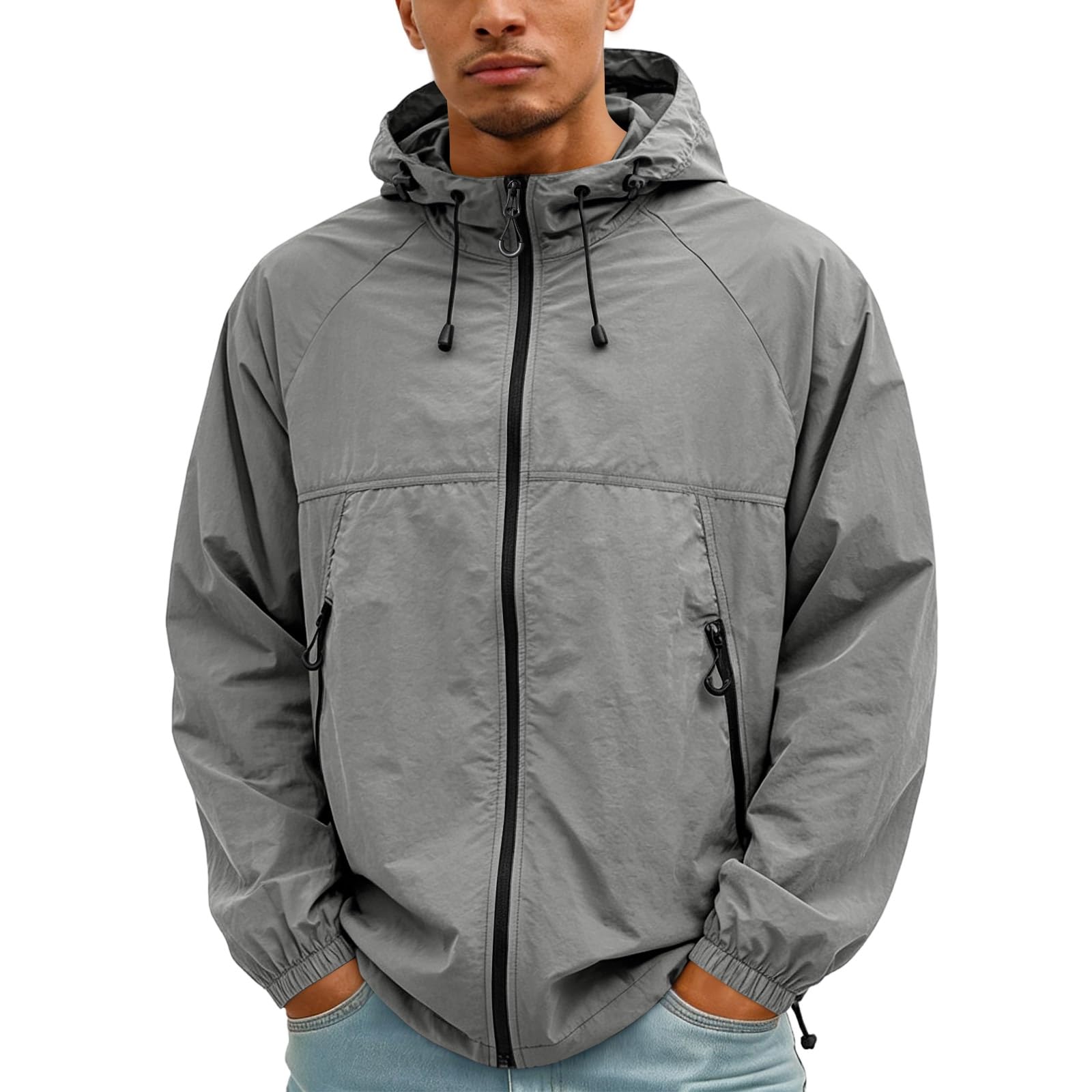 Men's Quick Dry Windbreaker Uv Protection Breathable Drawstring Hooded Zip Up Outerwear Side Pockets Elastic Hem Regular Fit Casual Plain Coat Travel Summer Gray 3Xl