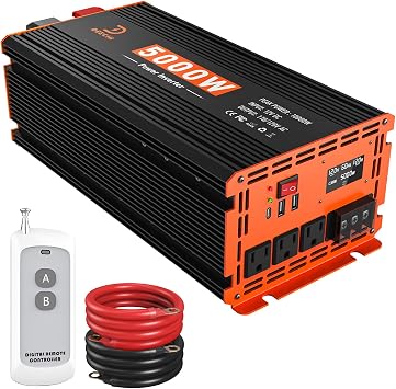 5000W Power Inverter 12V DC to 110V/120V AC Converter for RV/Truck/Boat/Camping/Off-Grid Solar Car Power Inverter Peak Power 10000W with 3 AC Outlets,USB & Type-C Port, Remote Controller & LCD Screen