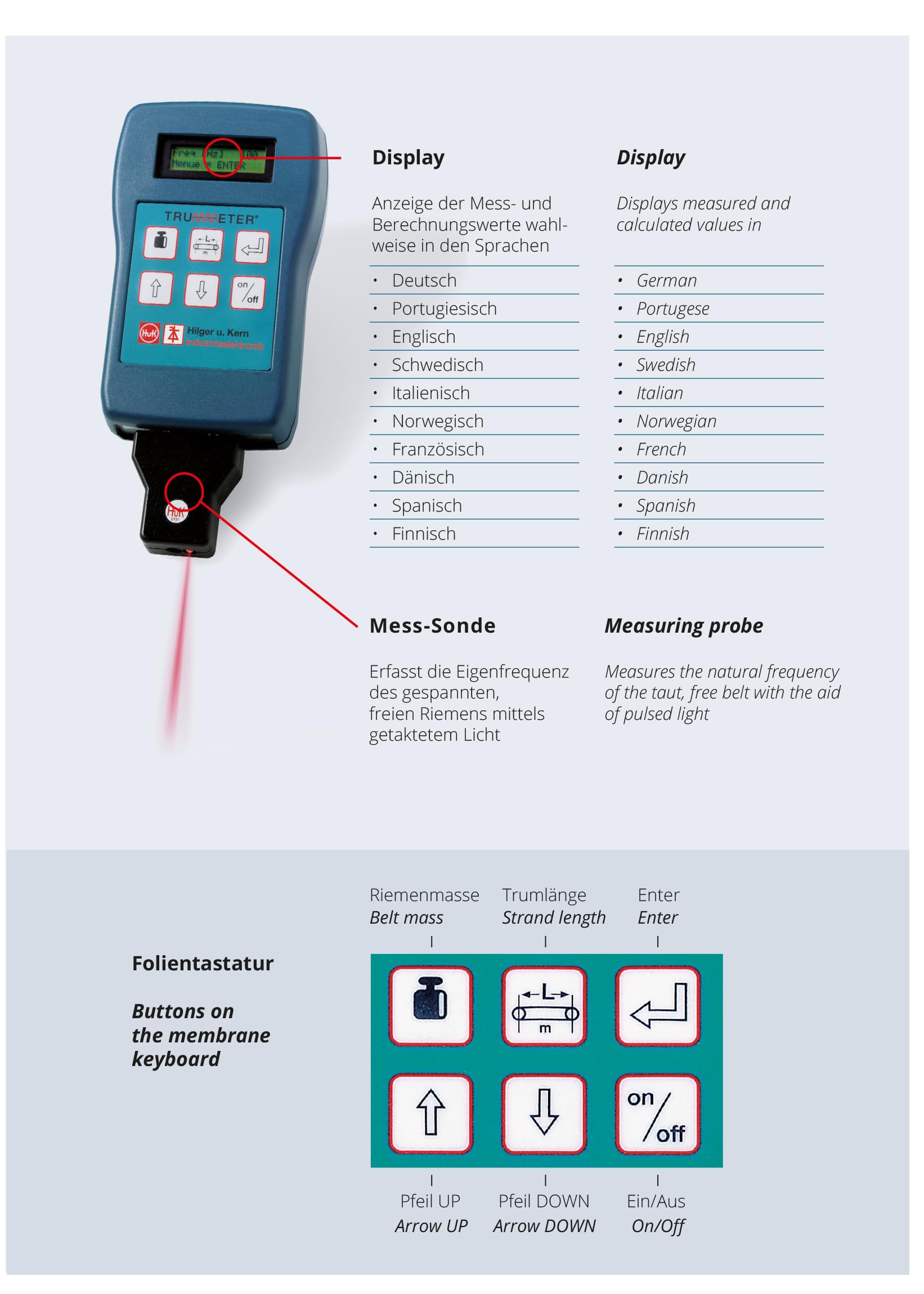 TRUMMETER® miernik napięcia pasowego, zakres pomiarowy 10-800 Hz, dwie linie LCD, 10 języków dostępnych, z sondą pomiarową kabla, sondą wtykową, pamięcią USB, walizka transportowa ABS