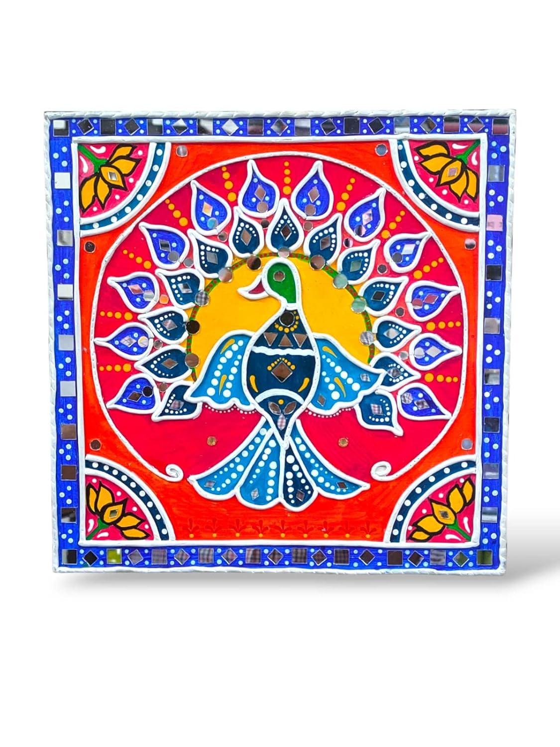 Bodheetree Hand Painted Peacock Theme Lippan Art & Mirror Work Painting