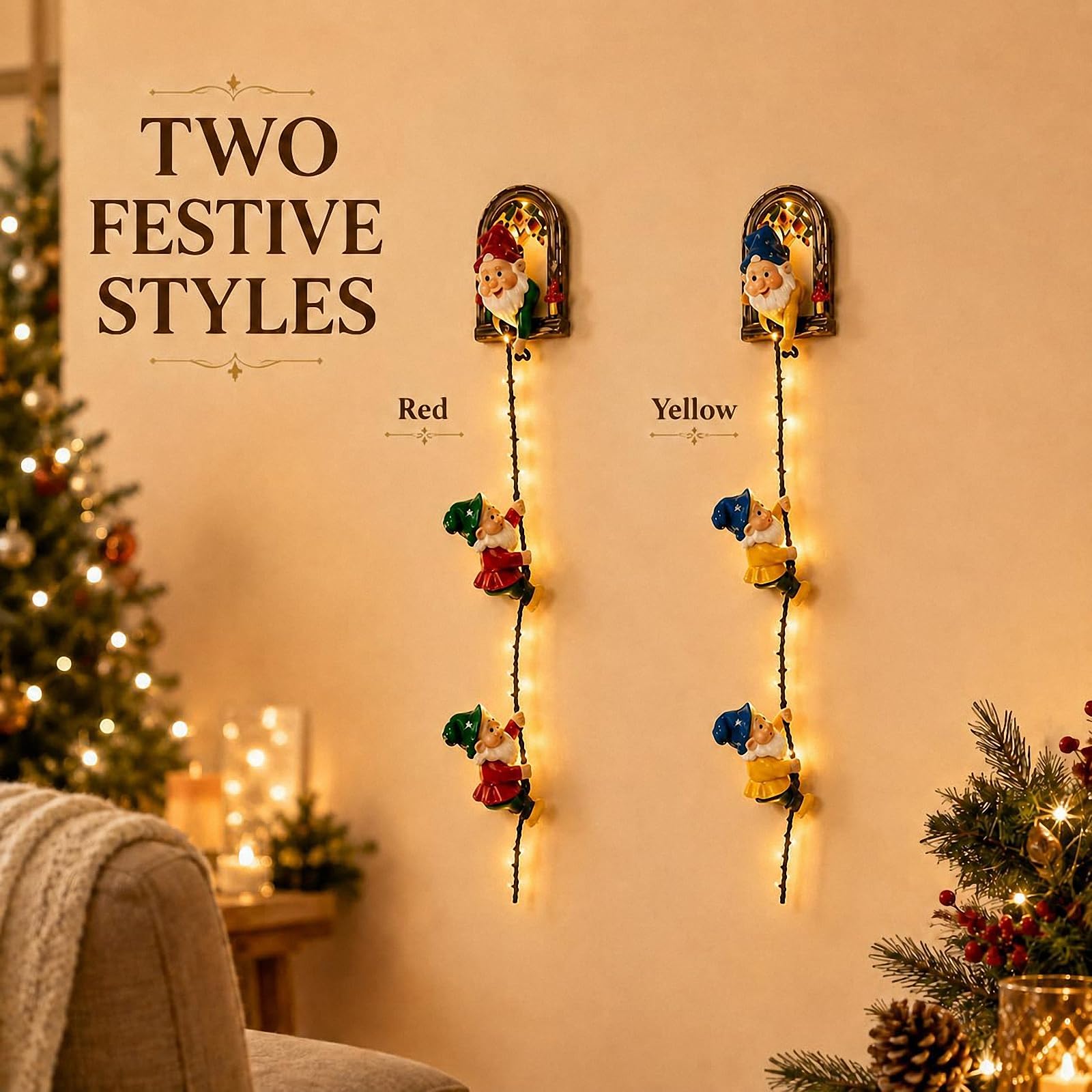 Christmas GNOME String Lights, Beleuchtete kletternde Wichtel-Weihnachtsdekoration, Hängende Xmas-Deko für Kaminsims, Weihnachtsbaum, Wand, Fenster, Wohnzimmer und Weihnachtsfeier，2 * Rot