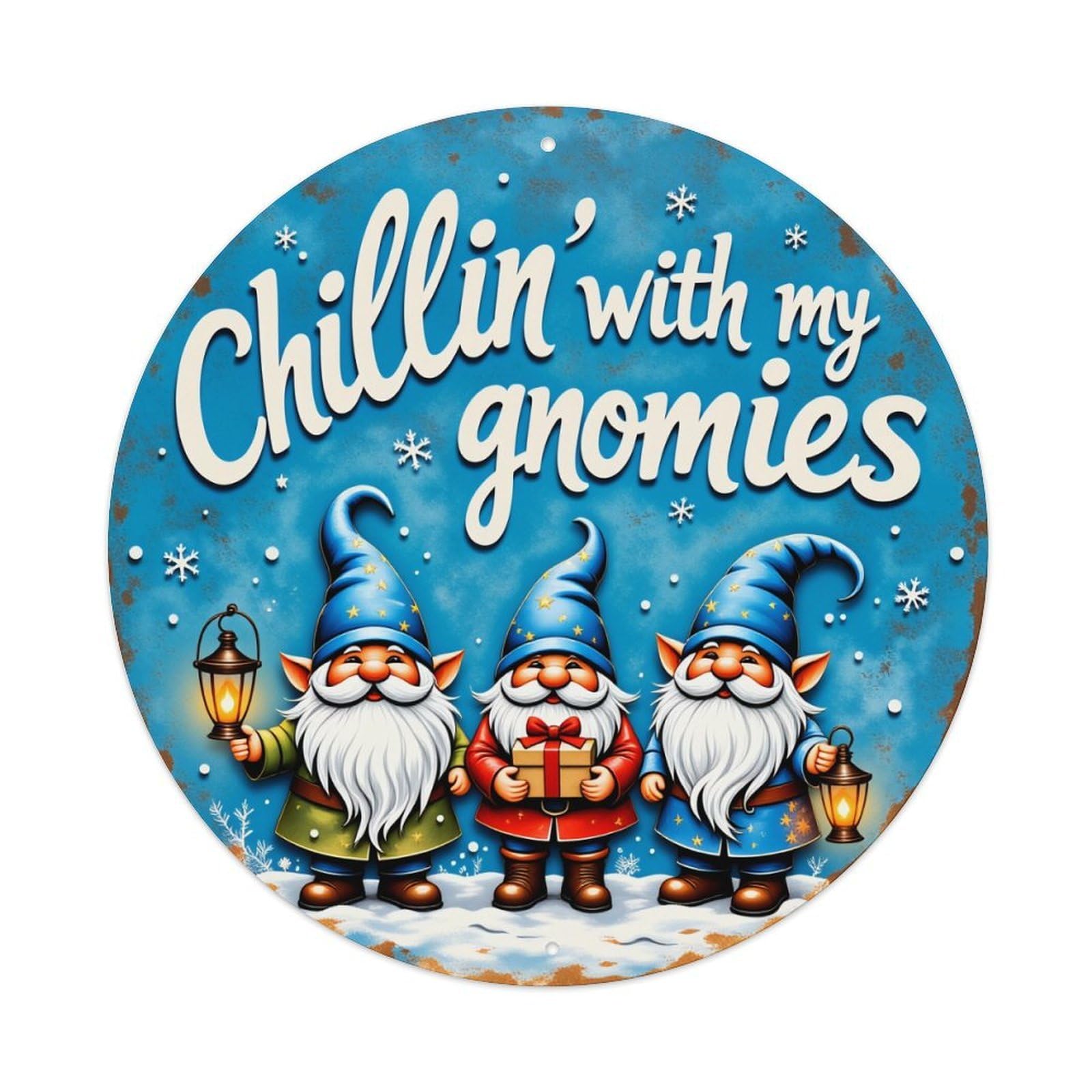 Chillin With My Gnomies Vintage Metal Tin Sign Retro Wall Decor for Home Bar Garage Cafe, Indoor & Outdoor Decorative，circle Metal Poster, 8x8 Inch