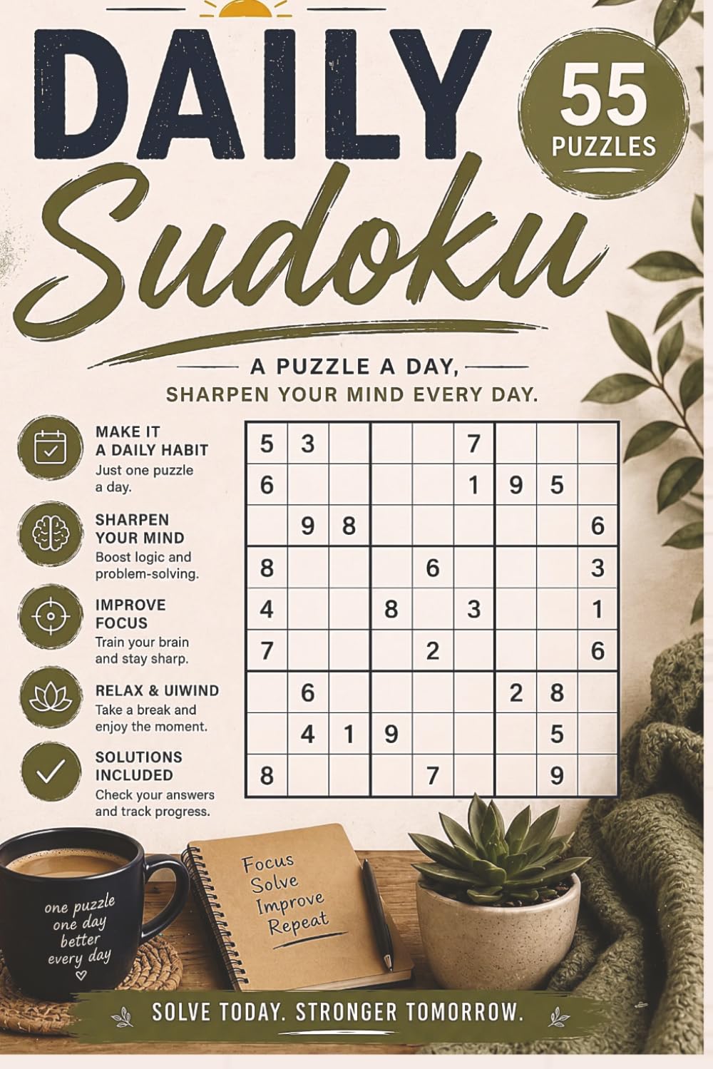 Daily Sudoku Puzzle Book: Sudoku Puzzles for Adults | Sharpen your Mind Every Day, Relax and Focus | 6x9 Inches. 110 Pages | 55 Puzzles | Solutions Included