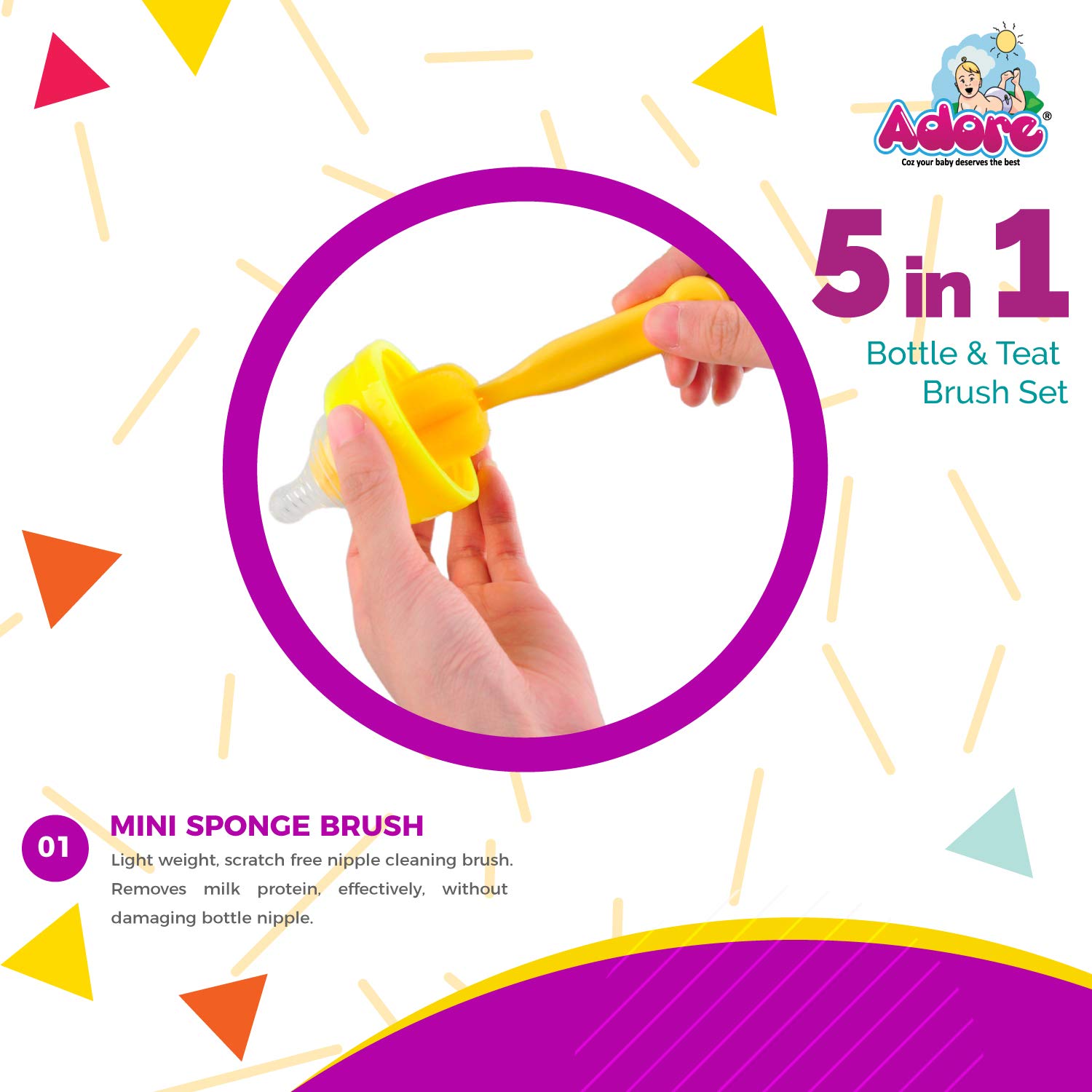 Adore Bottle Nipple and Straw Cleaning Kit, Multi Color Feeding Bottle Cleaner Brush (Cleaning Brush Kit) (5 in 1 Kit) 2 71t8V233 mL. SL1500