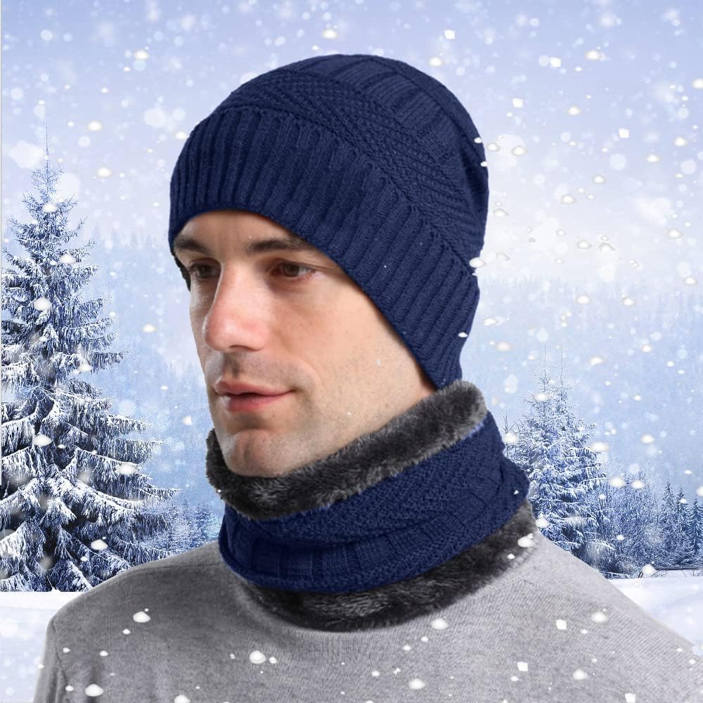 Ski Winter Hat Scarf Gloves Set for Men, Knit Beanie Hat Neck Warmer Scarf Touch Screen Gloves and Ear Warmer - Image 2