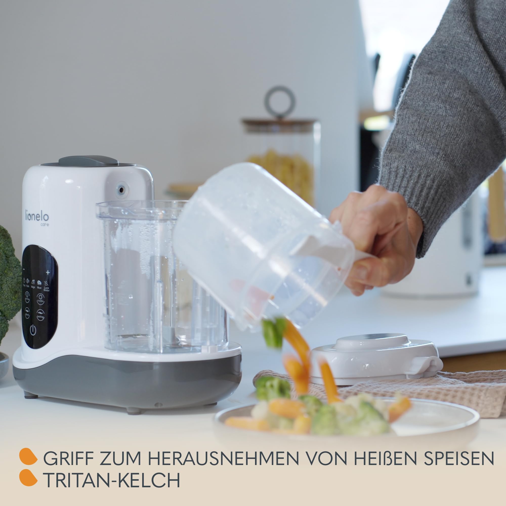 LIONELO BABYMENU Küchenmaschine zur Zubereitung von Babynahrung | 4 Programme Dämpfen, Mixen, Erhitzen, Auftauen, Online-Rezepte, Weiß