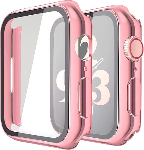 Misxi Paquete de 2 fundas rígidas de policarbonato con protector de pantalla de vidrio templado compatible con Apple Watch Series 8 Series 7 de 1.61