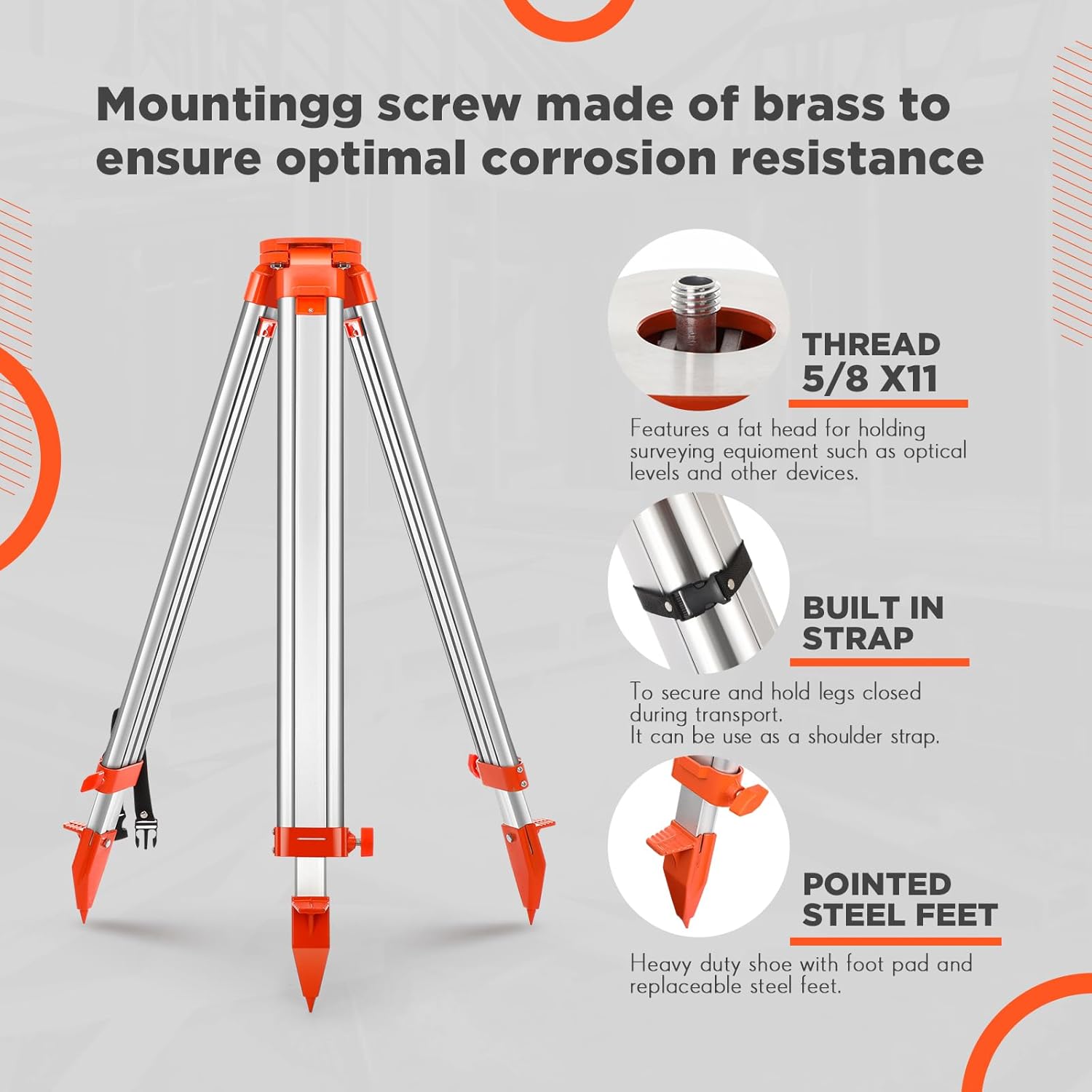 Aluminum Survey Tripod Heavy Duty Construction Laser Level Tripod Stand with 5/8"-11 Thread Flat Head Quick Clamp Transit for Automatic Optical Level, Built in Strap