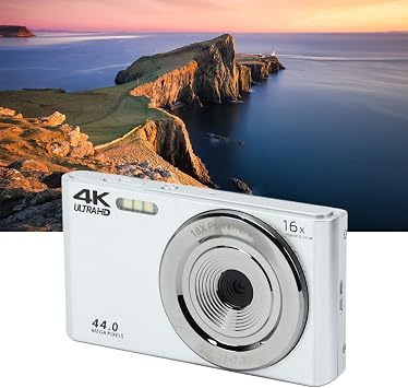 Digitalkamera 4K 44MP HD Minikamera 28 Zoll 16 facher Digitalzoom Stoßfeste Kompaktkamera Vlogging Kamera für die Fotografie (Silber)