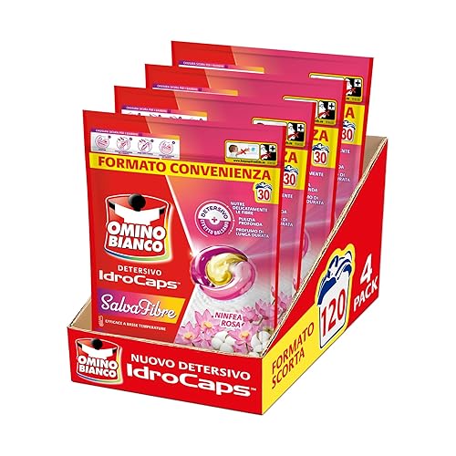Omino Bianco Idrocaps - Detersivo Lavatrice In Capsule Salva Fibre, 120 Lavaggi, Efficace a Basse Temperature, Profumo Ninfea Rosa, 30 Caps x 4 Confezioni