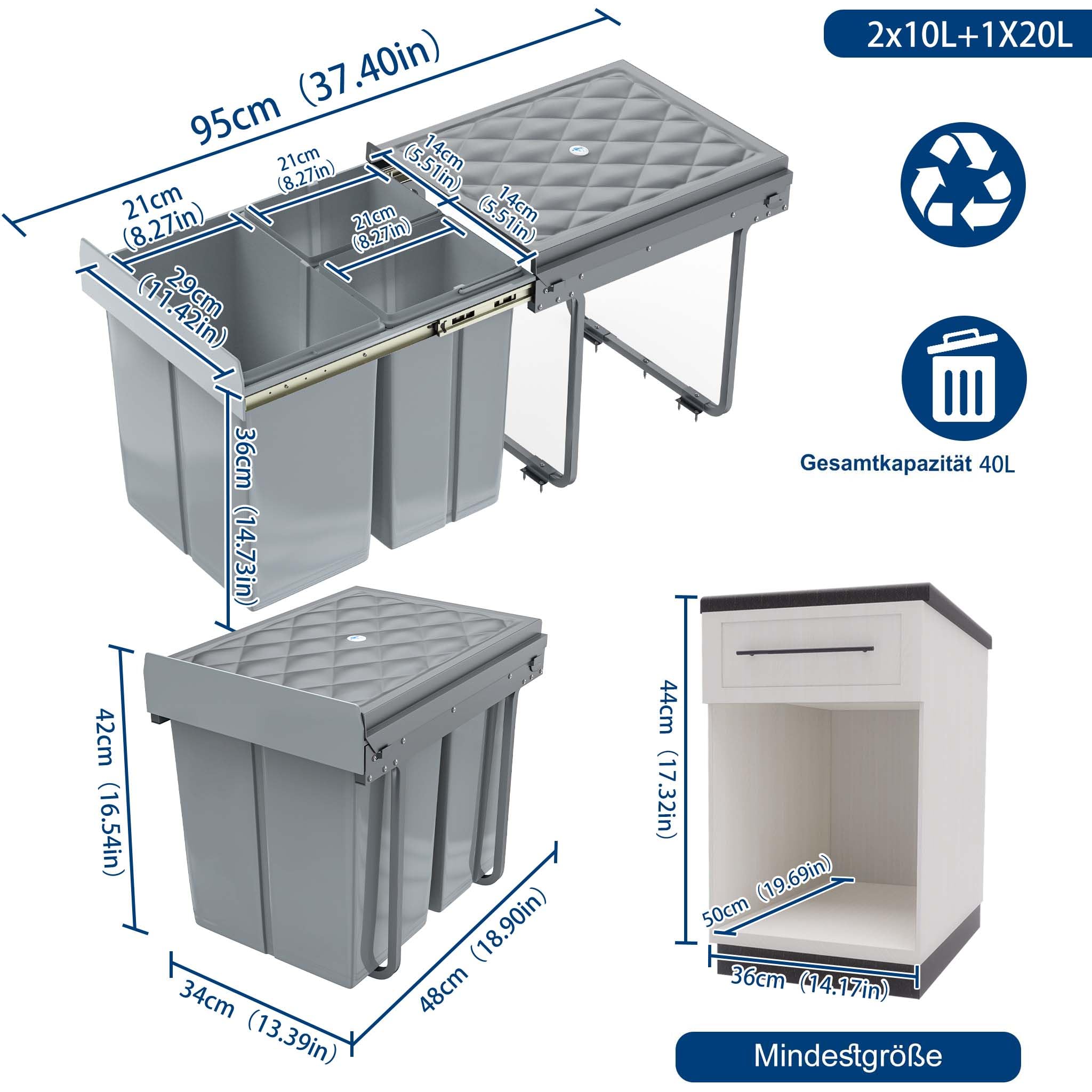 YUENFONG Einbaumülleimer 3 Fächer 2x10+20 Liter, Unterschrank Abfallsammler Mülleimer mit Teleskopschienen Ausziehbarer Mülltrennsystem Abfalleimer, 48 x 34,2 x 41,8cm